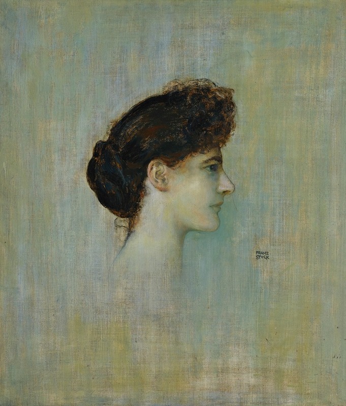 Franz von Stuck's 'Damenbildnis' is a striking portrait of a lady, showcasing his unique Symbolist style.
