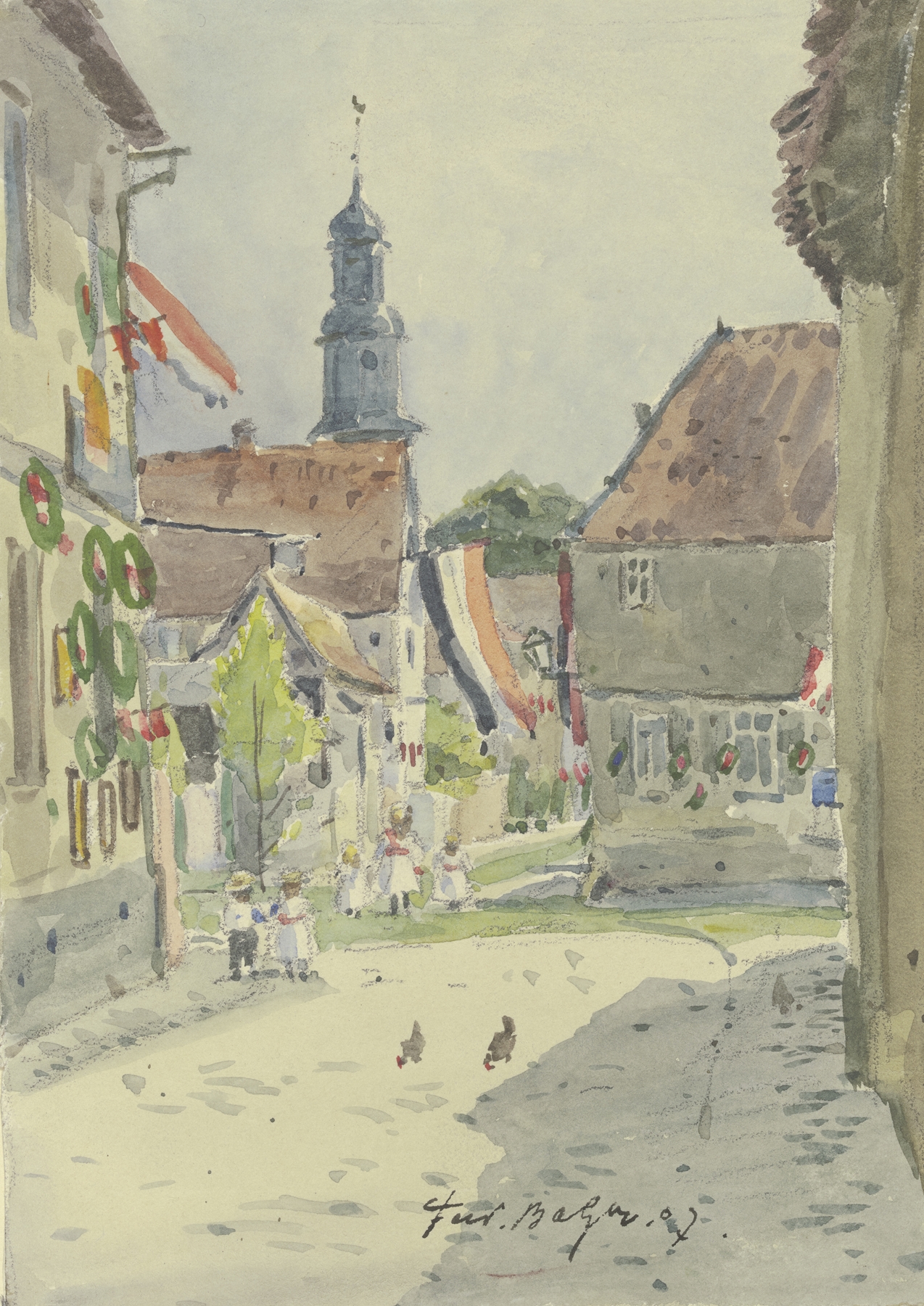Genre scene depicting a village fair in 1907 by Ferdinand Balzer, oil painting.