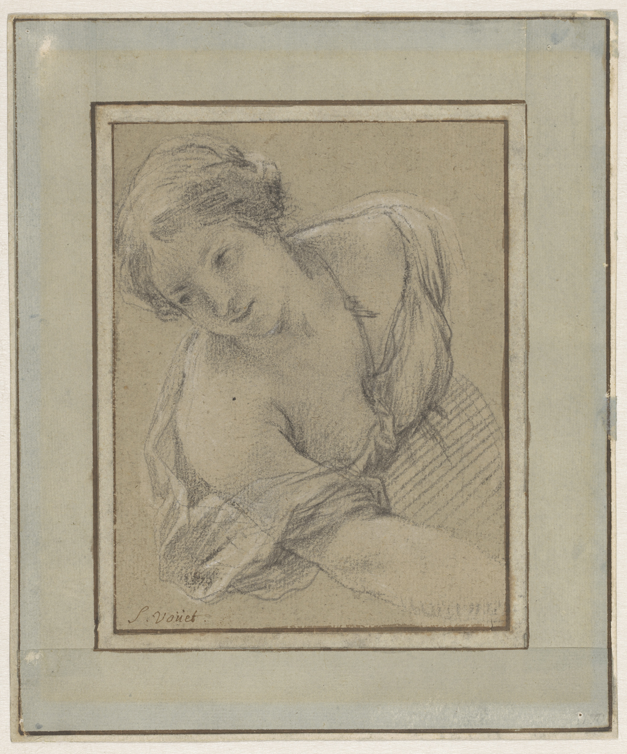Study of a bending young woman by Simon Vouet, paper medium