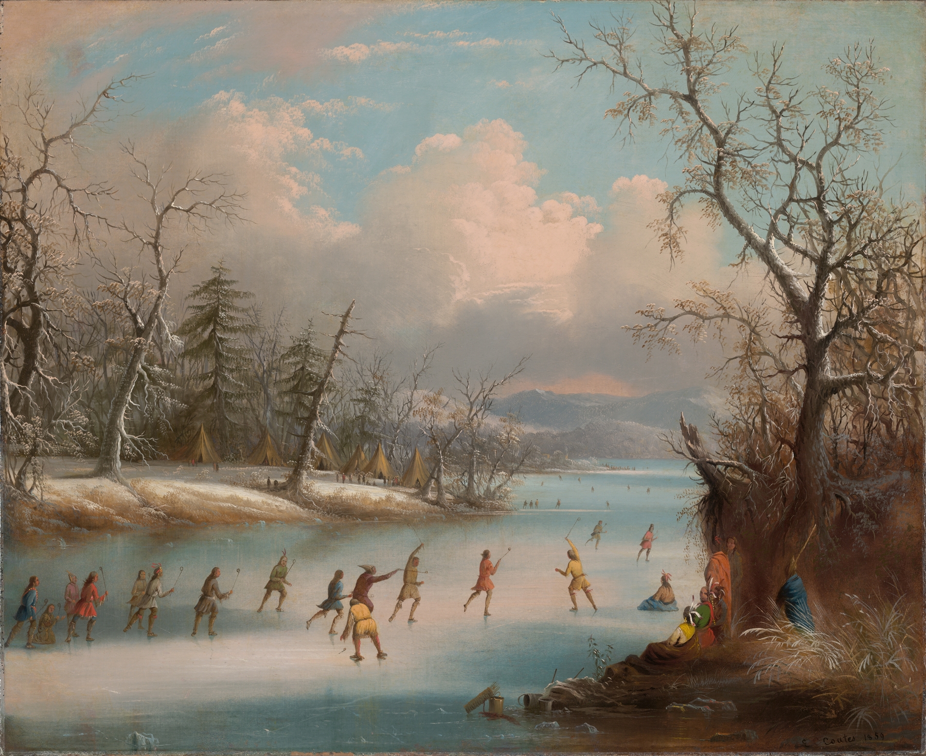 Indians Playing Lacrosse on the Ice by Edmund C. Coates, oil painting depicting players in colorful attire on ice.