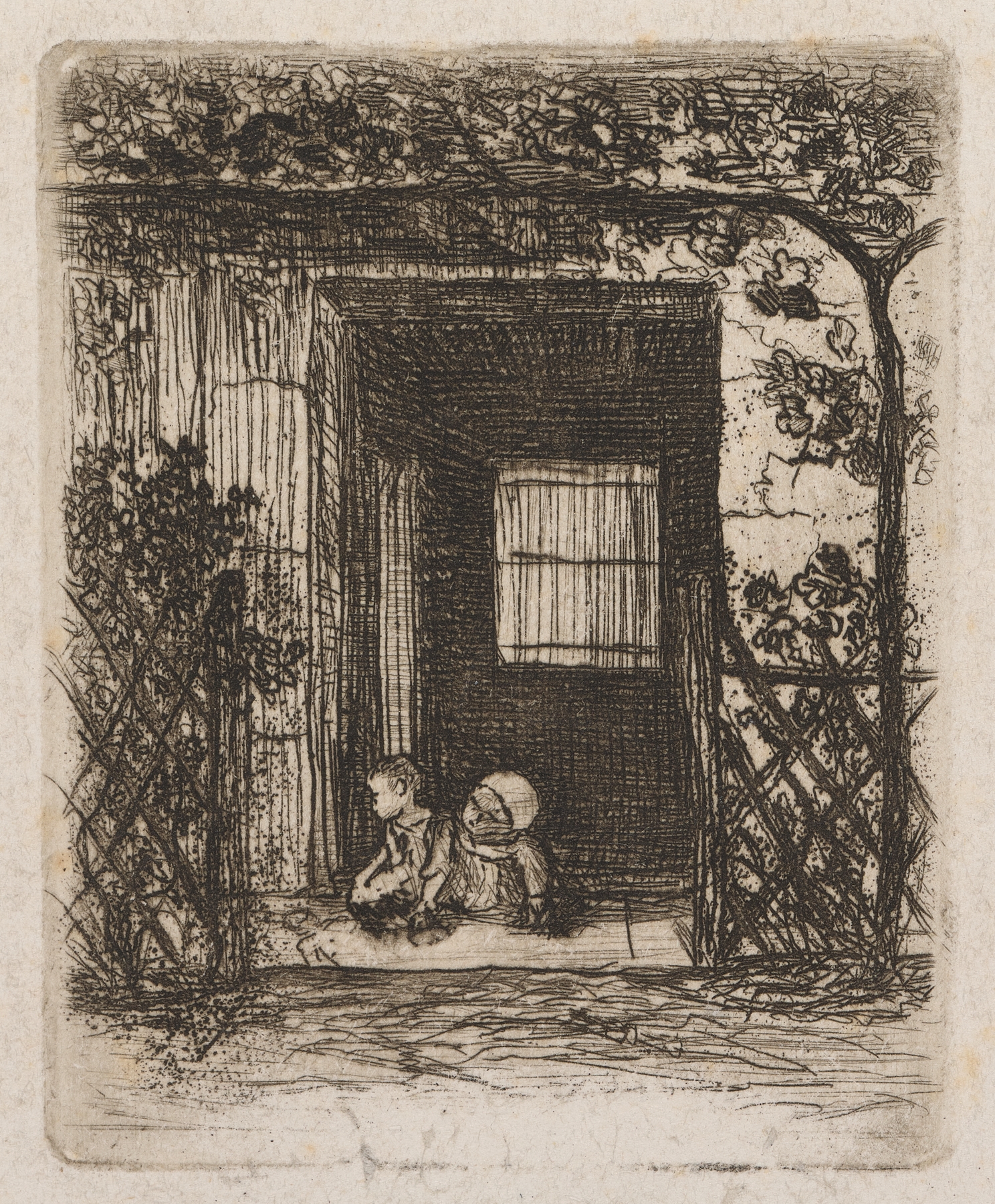 Engraving by Auguste Delâtre depicting children in a doorway