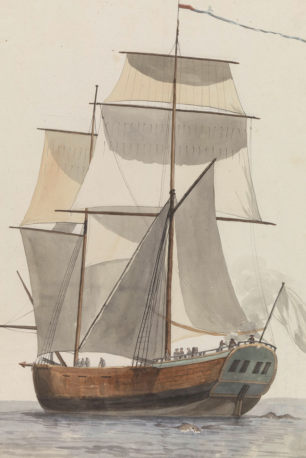 Marine scene with a ship and sails by Abraham-Louis-Rodolphe Ducros, 1778