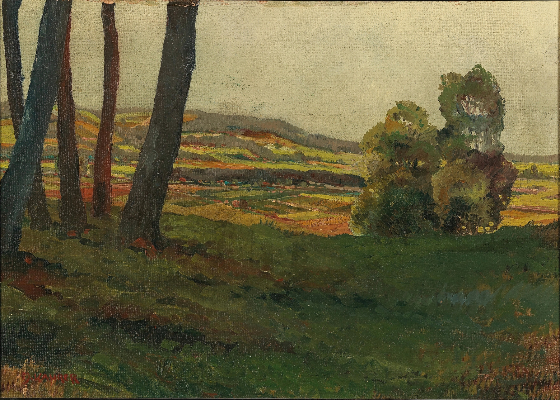 Impressionist landscape by Max Kahrer, featuring muted greens and browns.