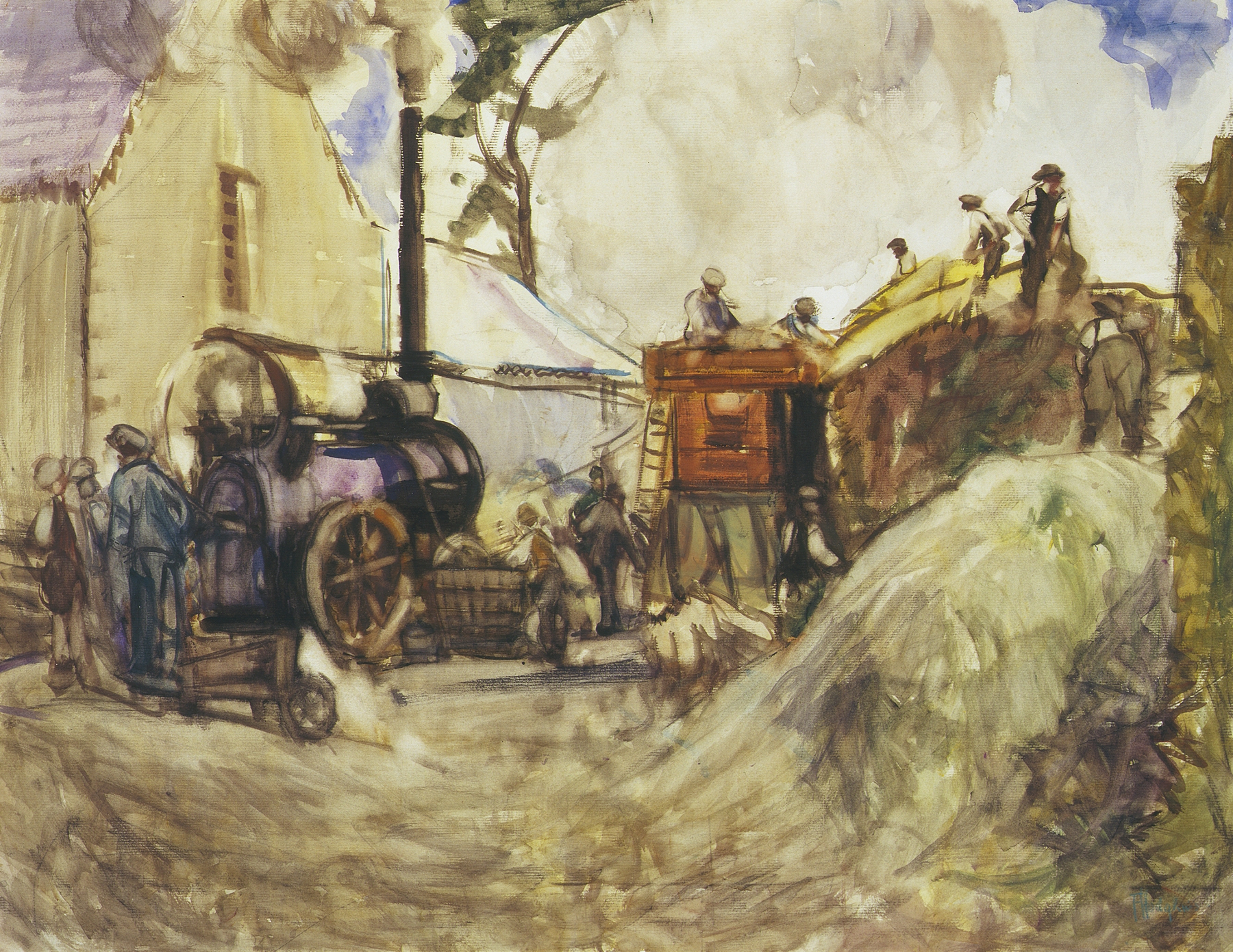 Threshing in the Cotswolds, oil on canvas by Frances Hodgkins, showing figures working in a harvest scene.