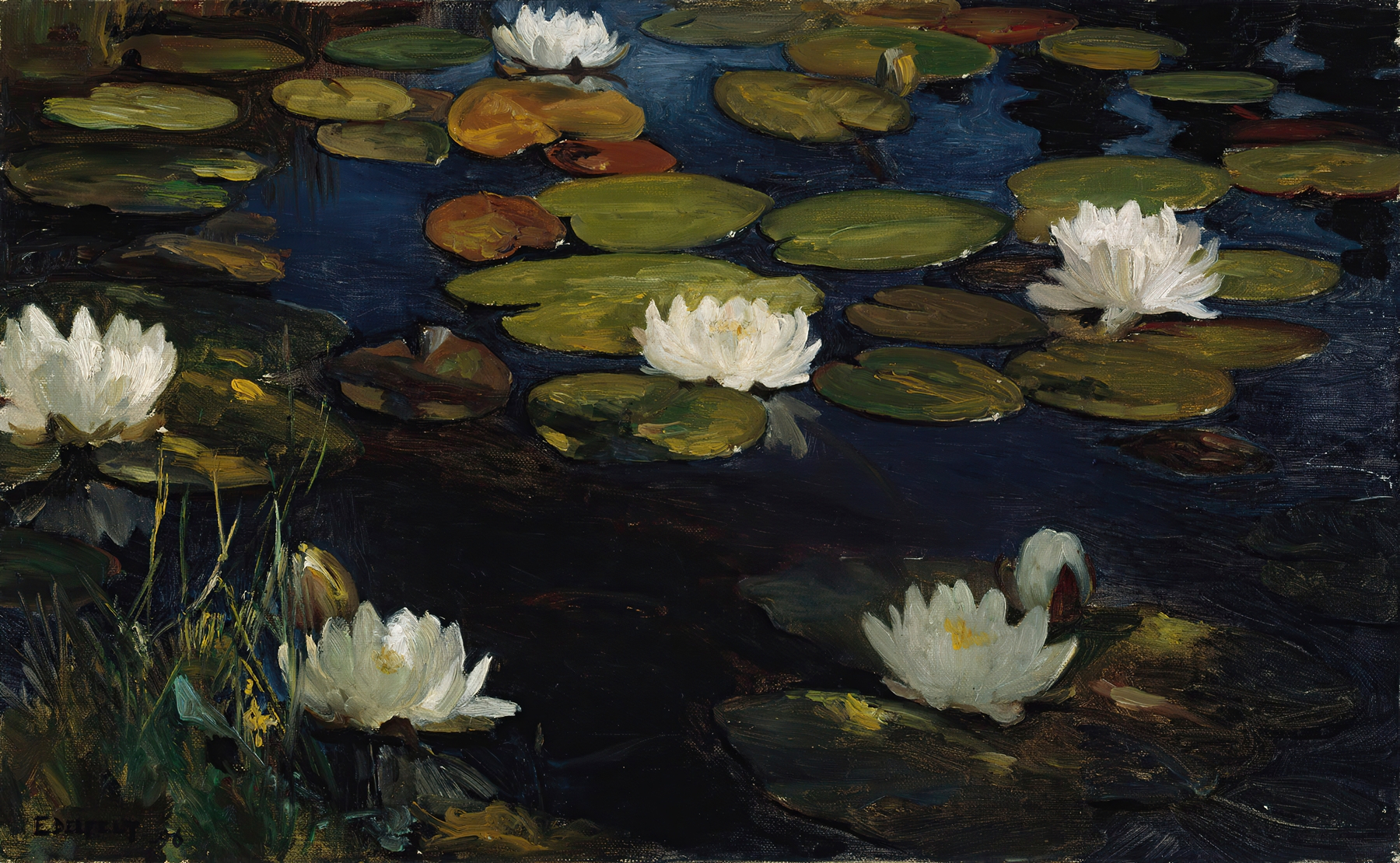 Oil painting by Albert Edelfelt depicting lily pads and a mermaid on water