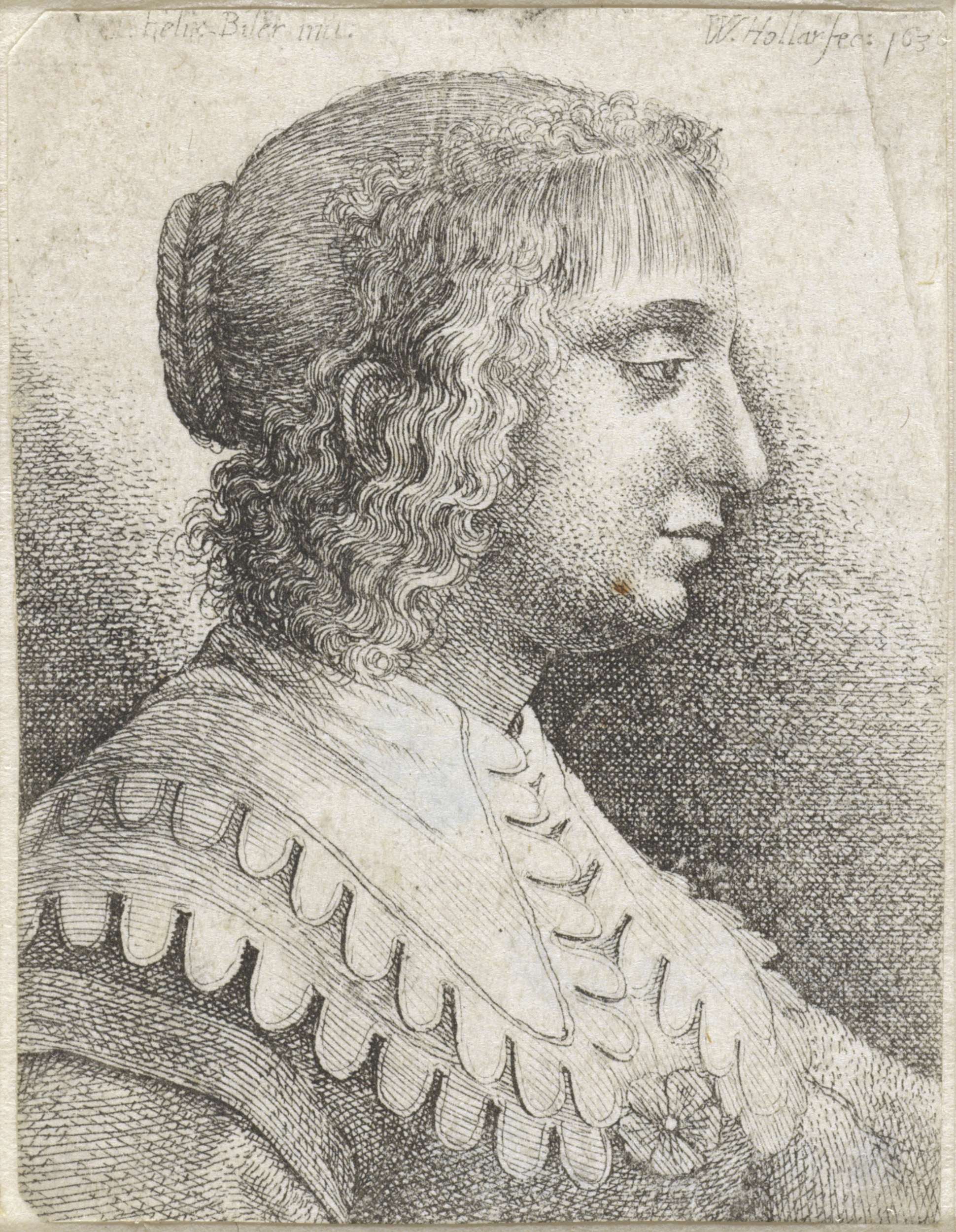 Portrait of a young woman with a lace collar, etching by Wenceslaus Hollar