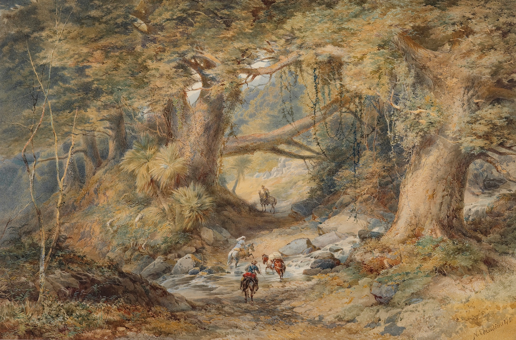 Oil painting by Nicholas Chevalier depicting the Teremakau River and wilderness.