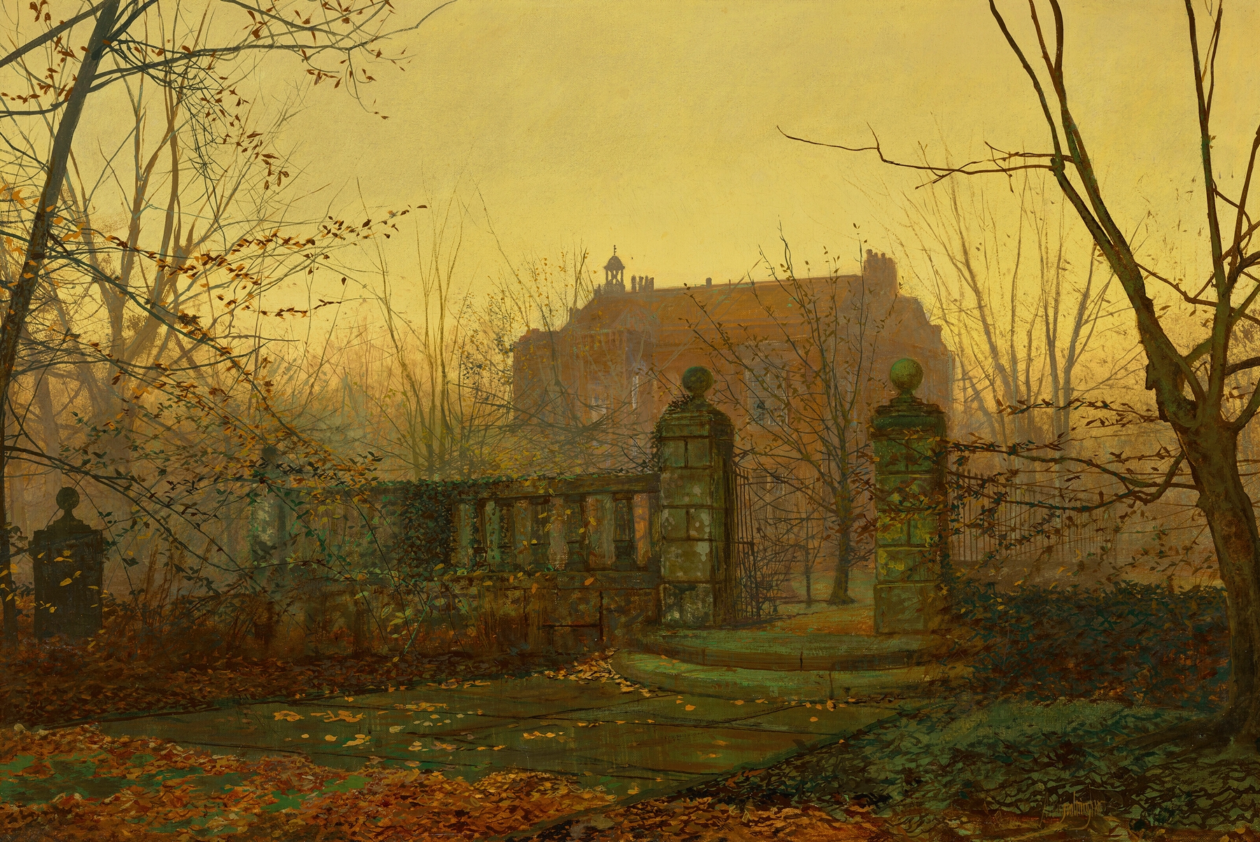 Landscape with bare trees and golden light, oil painting by John Atkinson Grimshaw