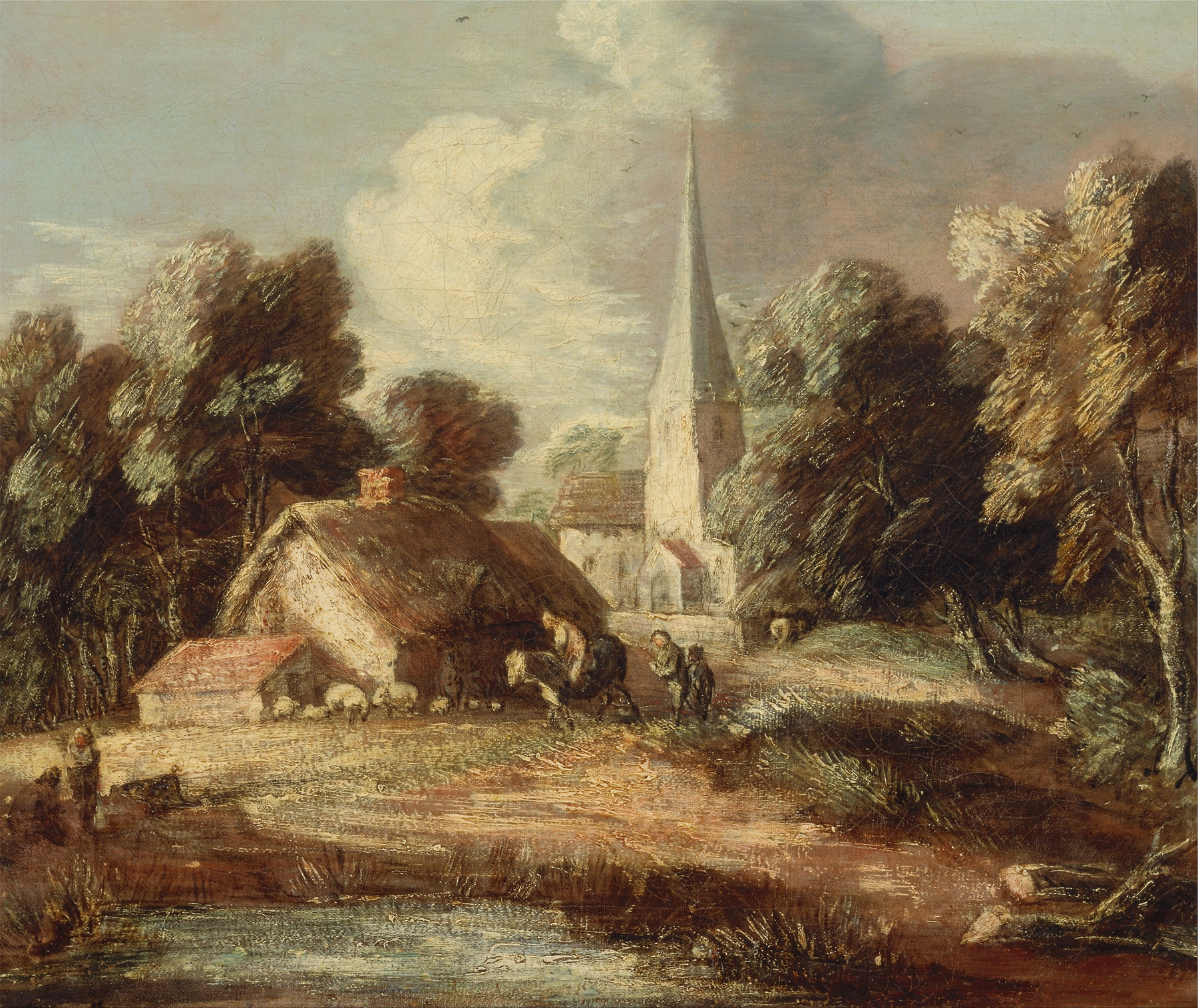 Landscape with cottage and church, by Thomas Gainsborough, public domain
