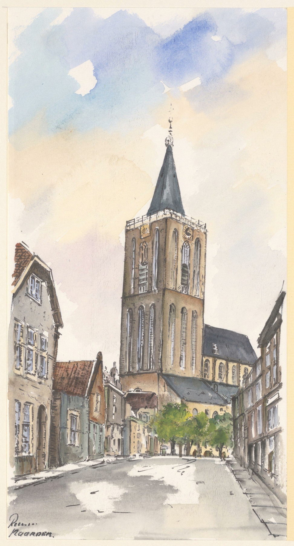 Kerk en omgeving by Bob Brobbel, expressionism, depicting a church in golden light with chaotic elements.