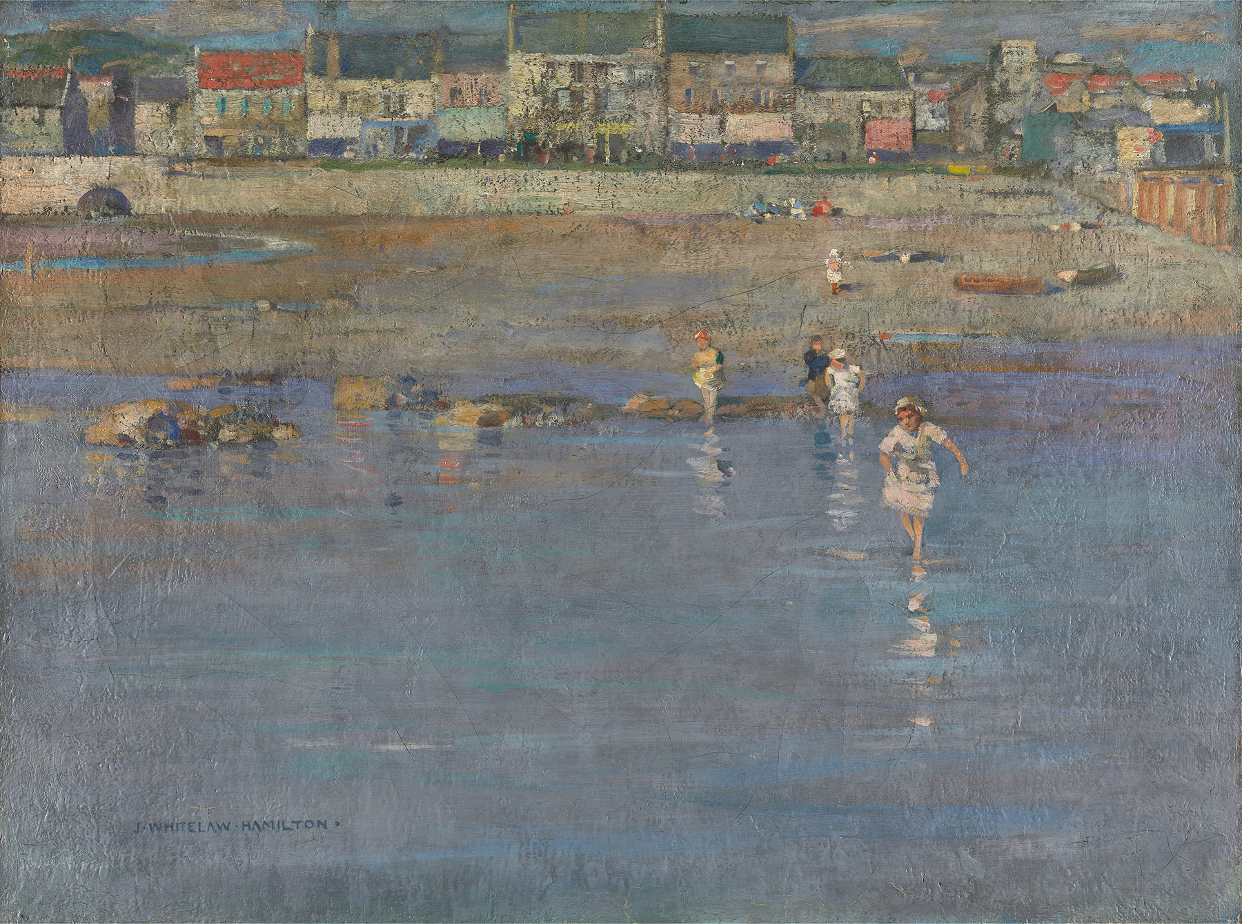 Ebbing Tide by James Whitelaw Hamilton, oil painting depicting gentle waves and sandy shore.