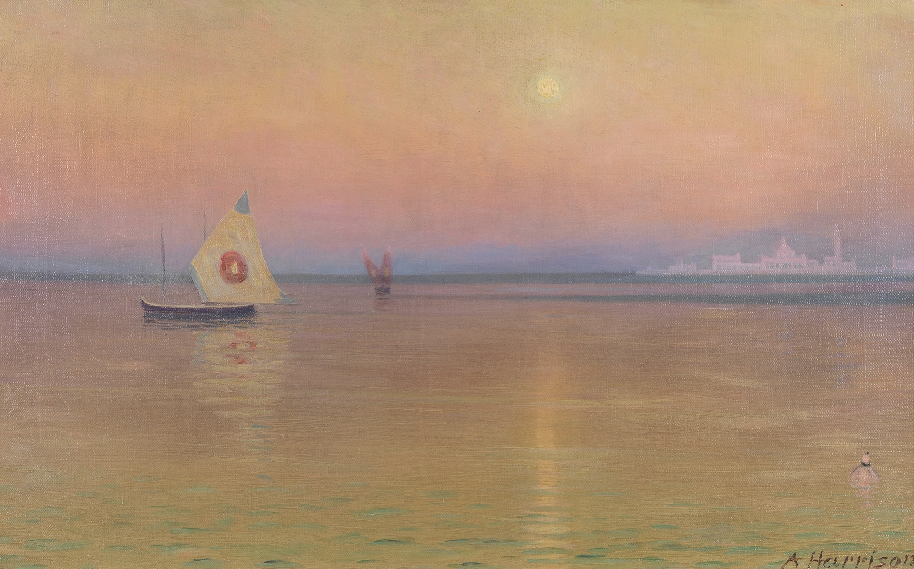 Bragozzos in calm waters, oil on canvas by Thomas Alexander Harrison