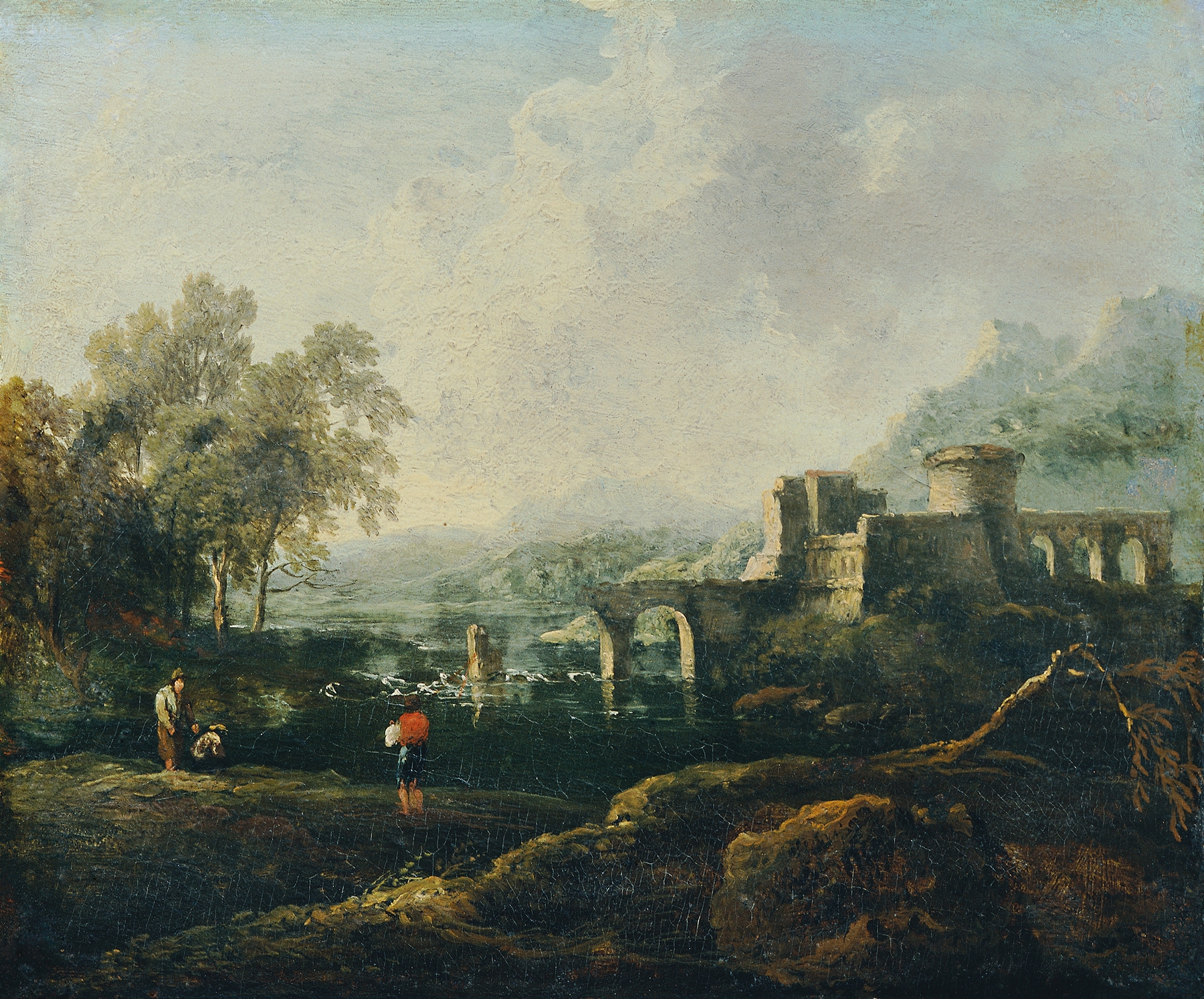 Ideale Landschaft mit Fluss und Brückenruine (Der Morgen), by Johann Christian Brand, public domain