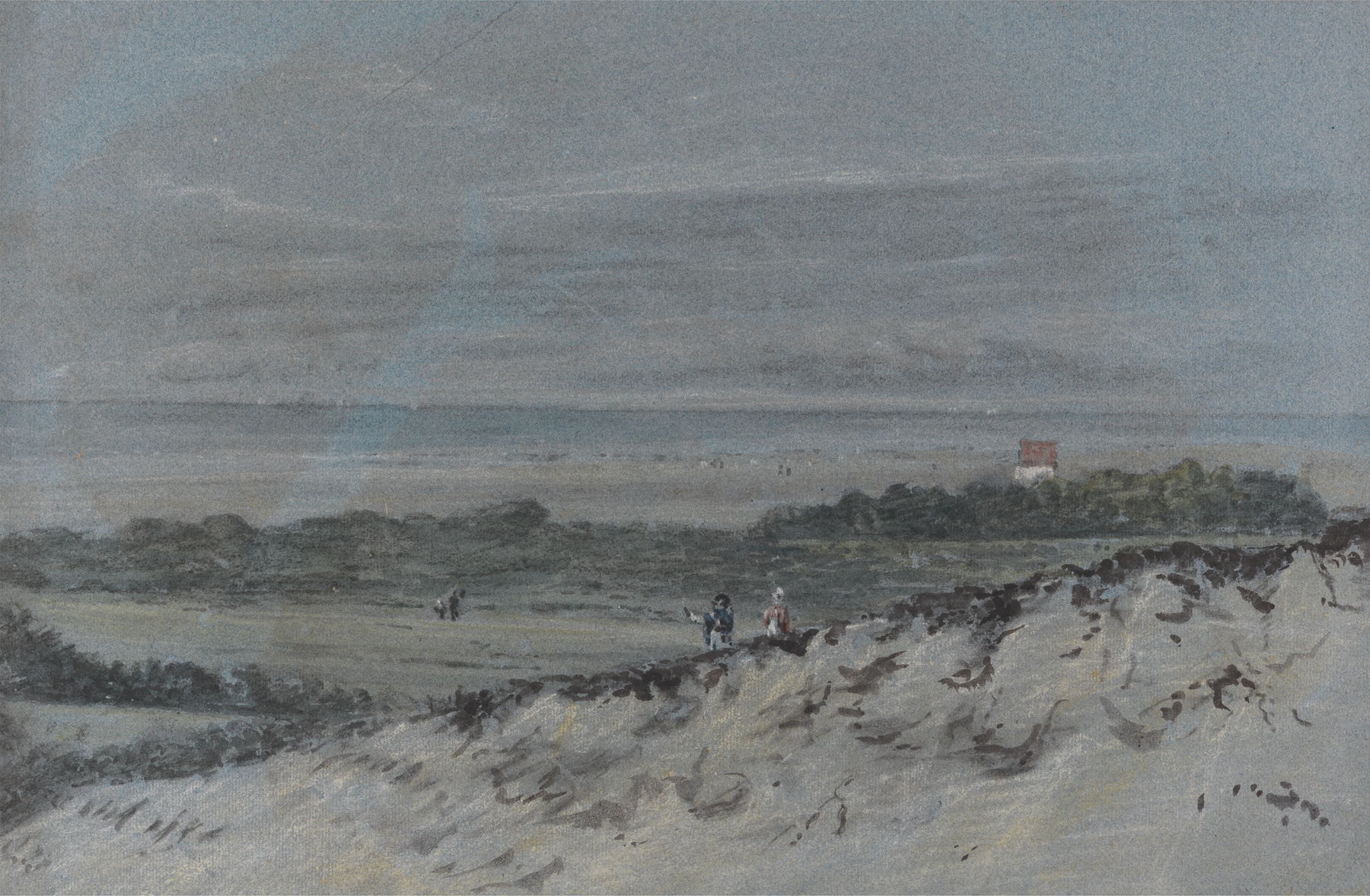 Seashore with Sand Dunes by Dr. Thomas Monro, oil painting of soft dunes and sunlight.