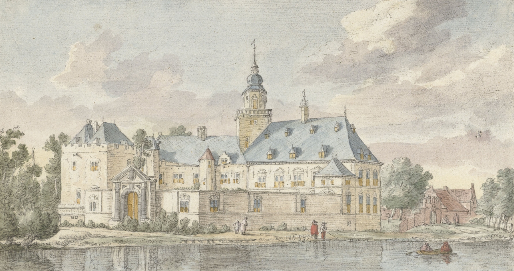 Gezicht op kasteel Nijenrode by Herman Saftleven, oil painting of a castle against a colorful sky.