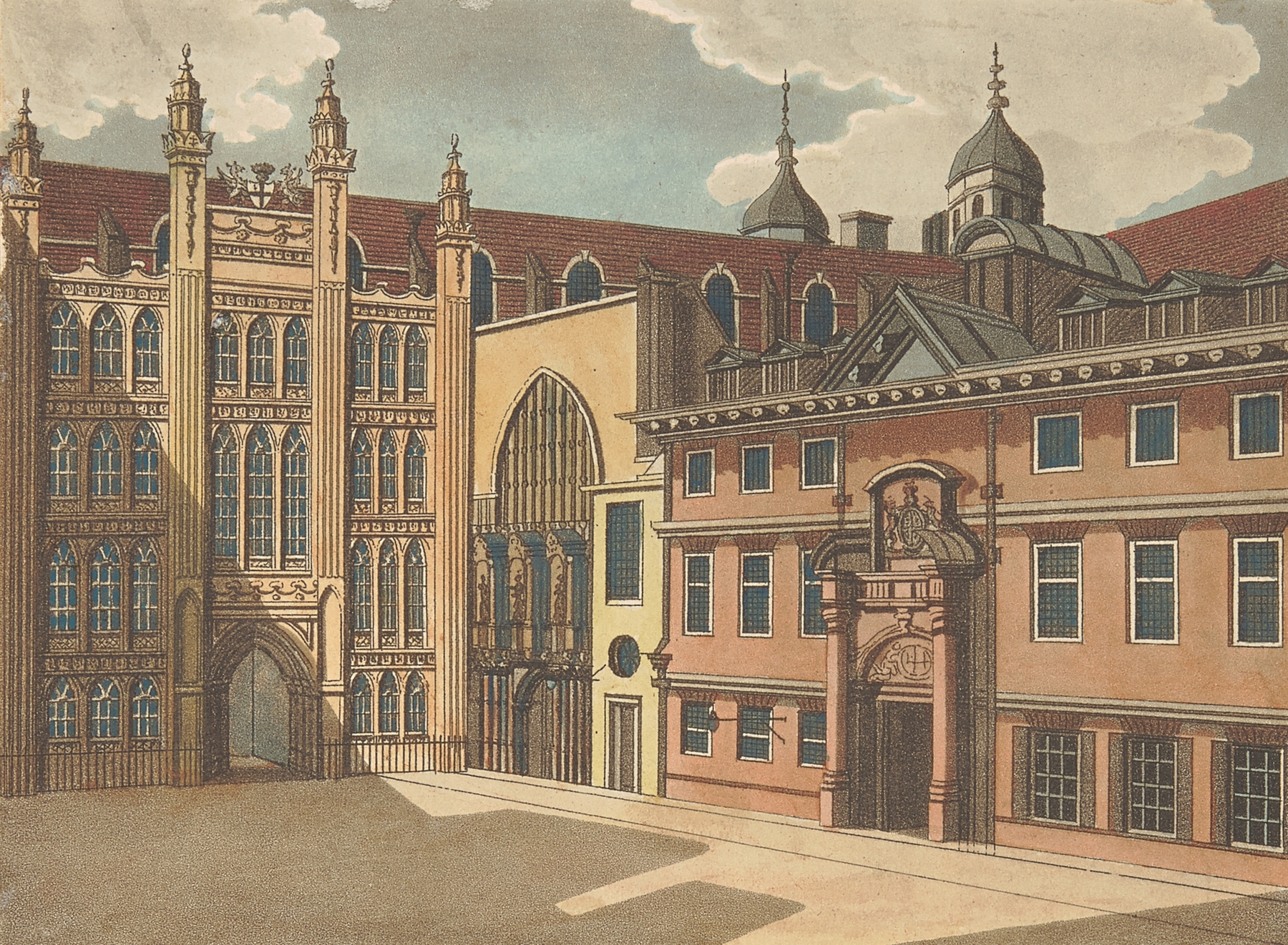 Guildhall by Samuel Ireland, oil painting depicting a detailed guildhall in warm ochre and gold tones.