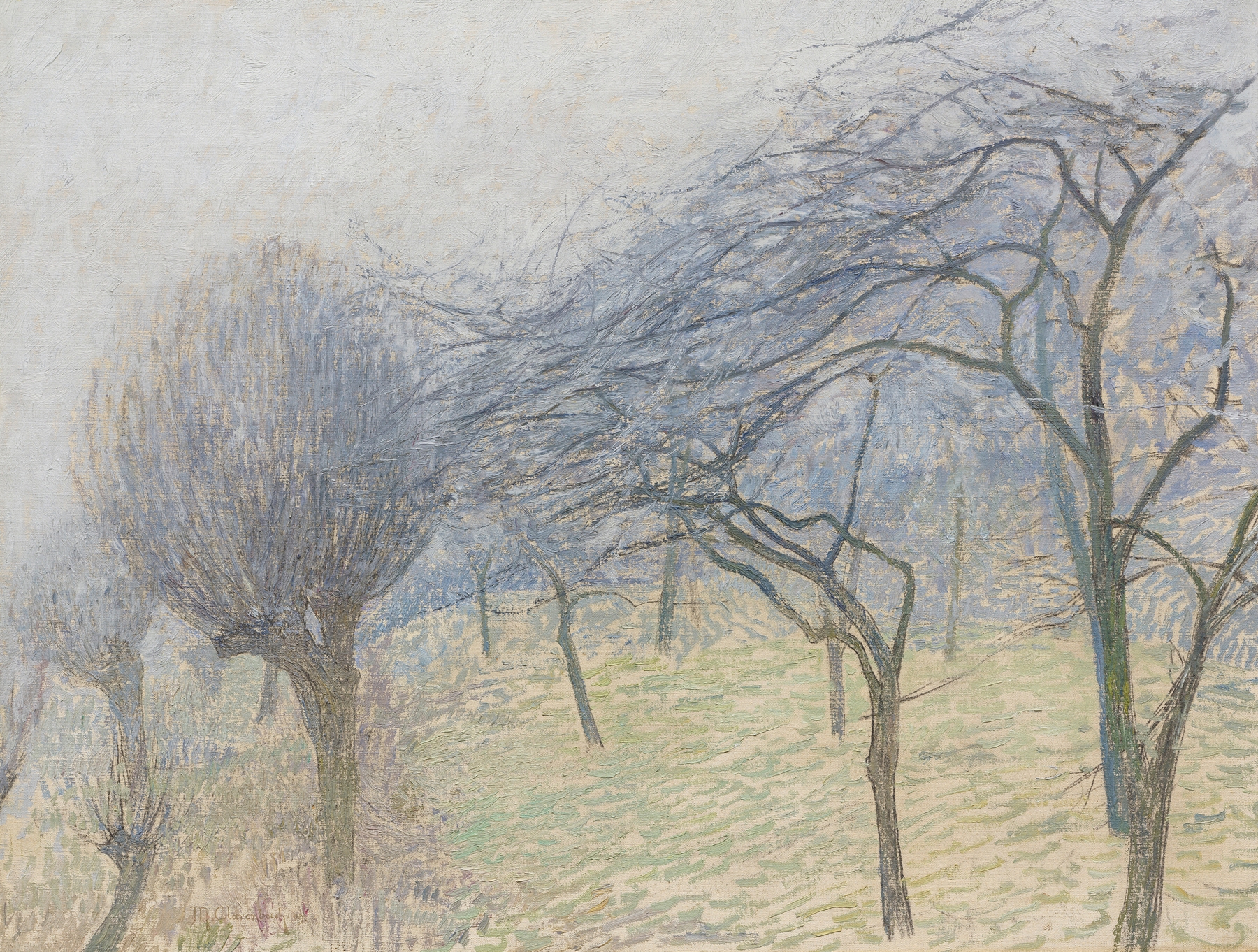 Bäume im Nebel by Max Clarenbach, oil painting of trees emerging from mist