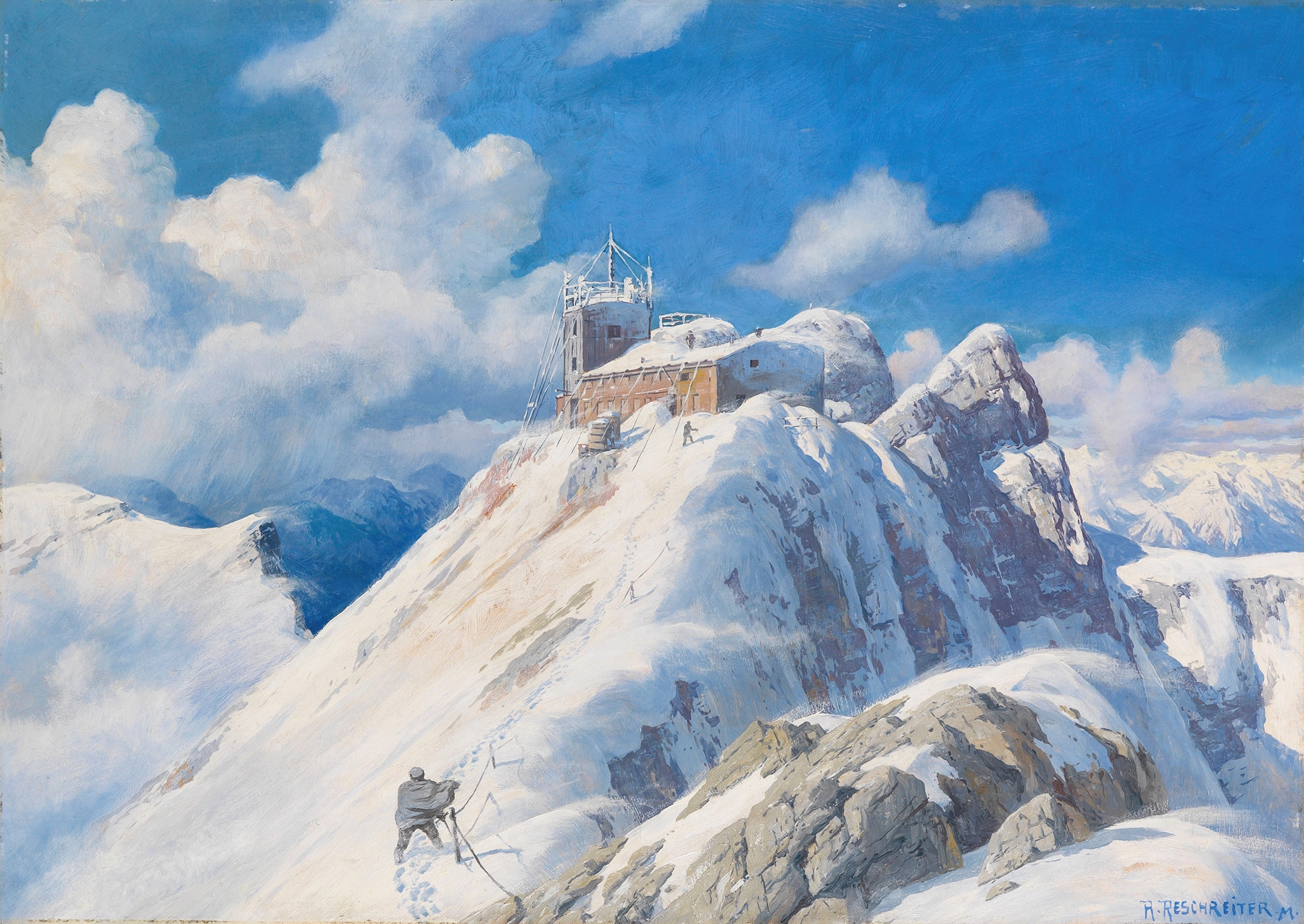 Landscape featuring Zugspitz peak with weather station, oil painting by Rudolf Reschreiter
