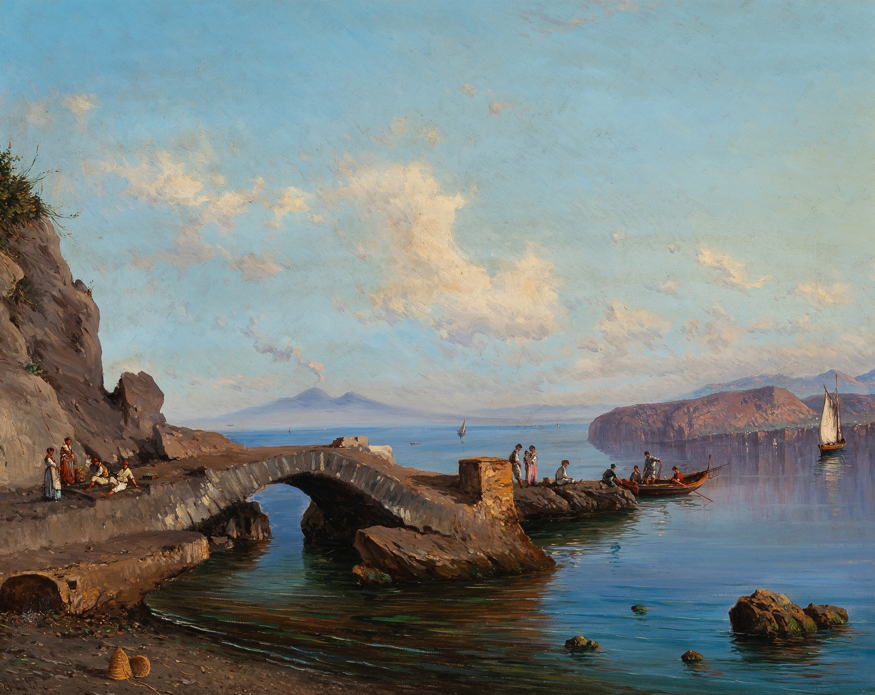 Sorrento landscape with fishermen, oil painting by Alessandro La Volpe