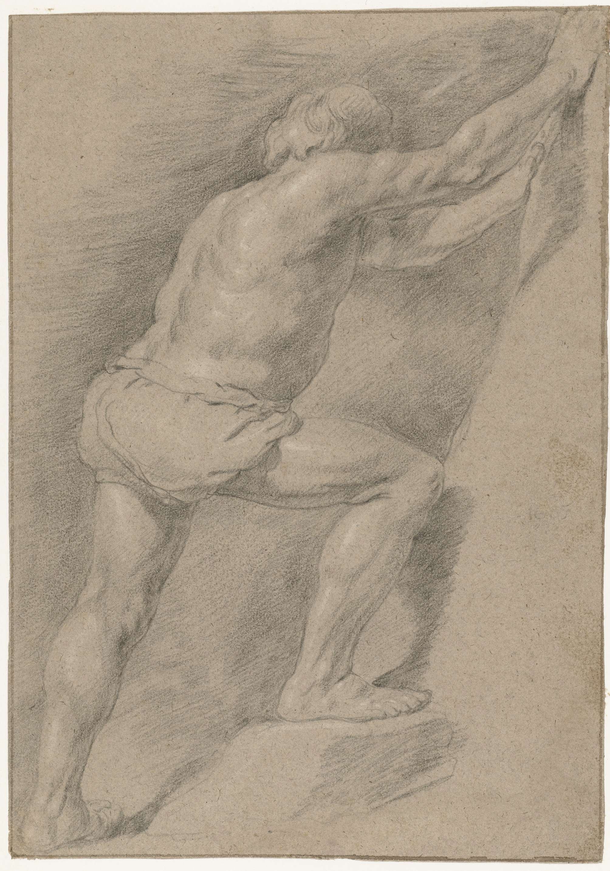 Drawing of a nude male figure with raised leg, paper, by Christiaen Gillisz. van Couwenberg