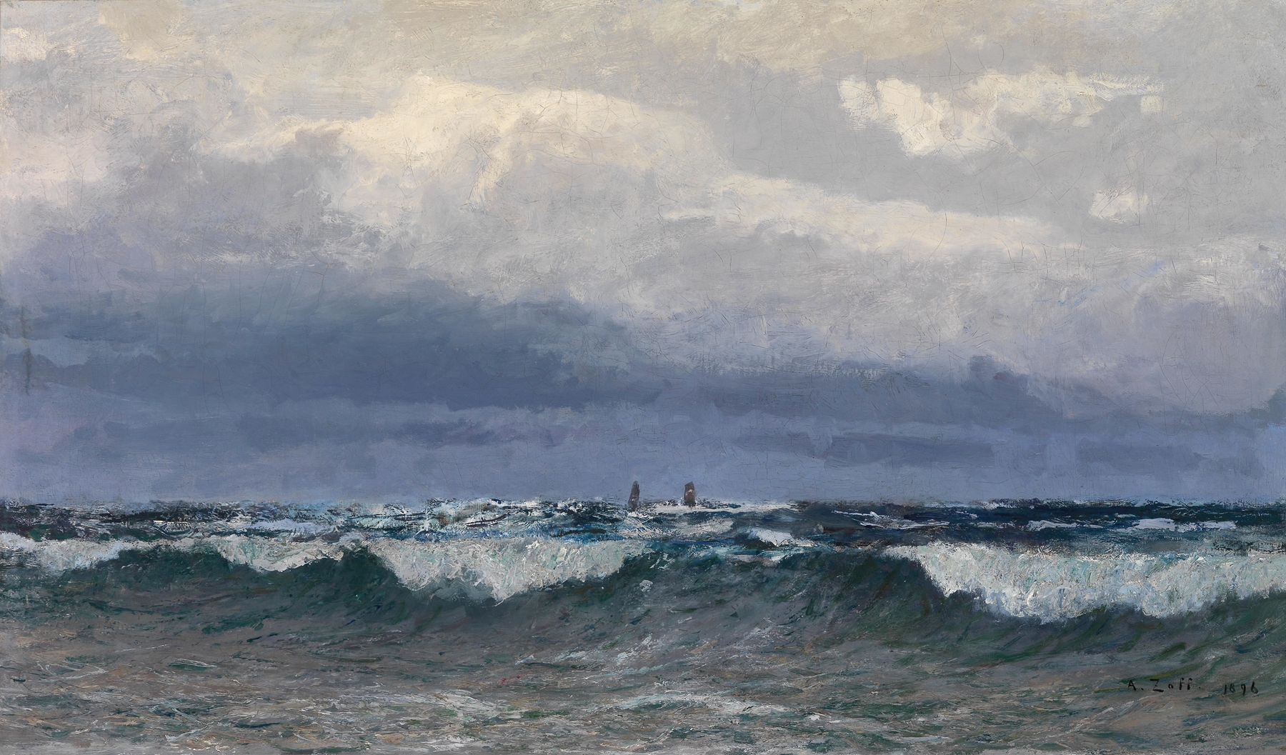 Meeresbrandung mit Segelschiffen, by Alfred Zoff, public domain