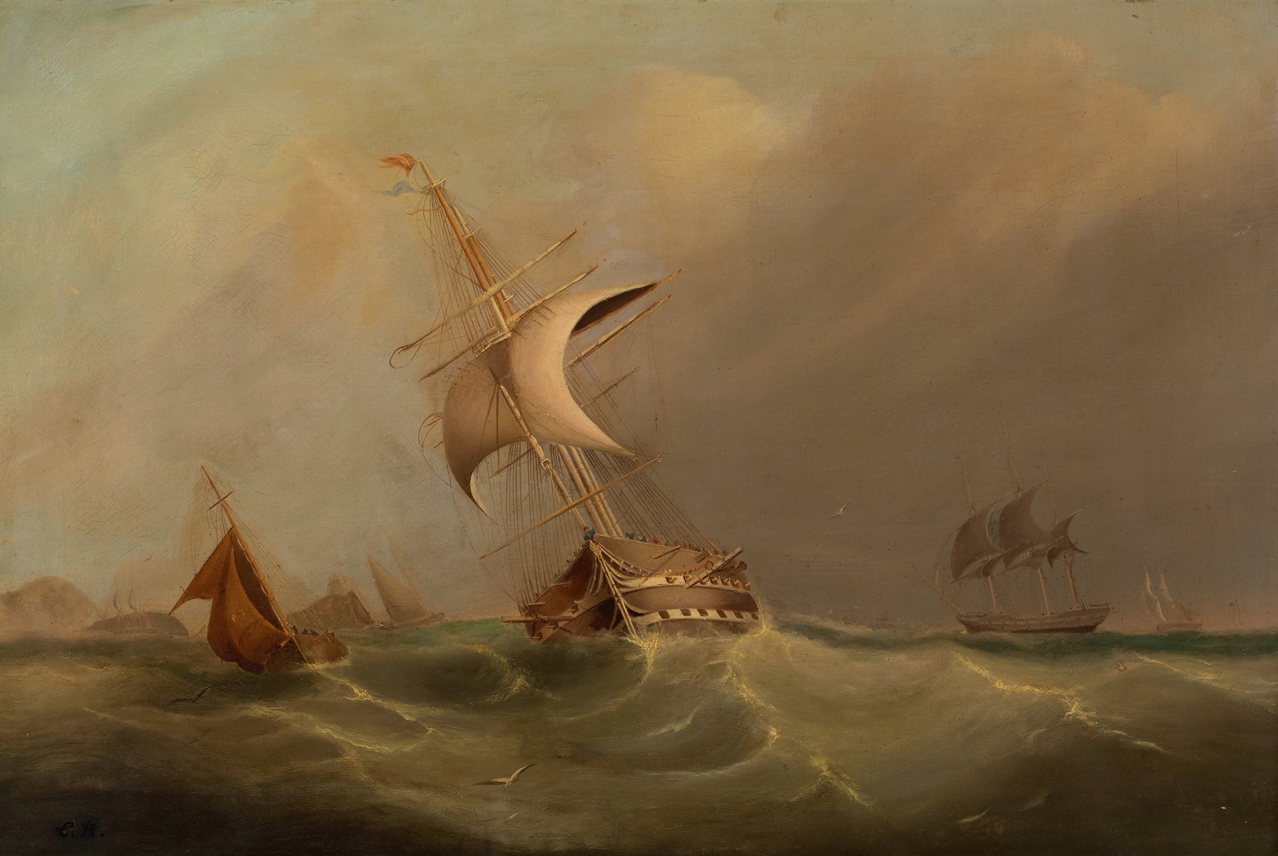 Marine scene with ships and sunset, oil painting by English School