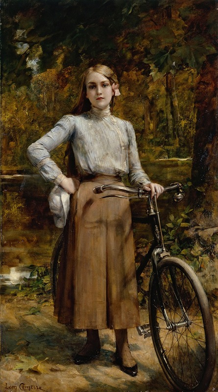 A depiction of a bicycle in a serene park setting.