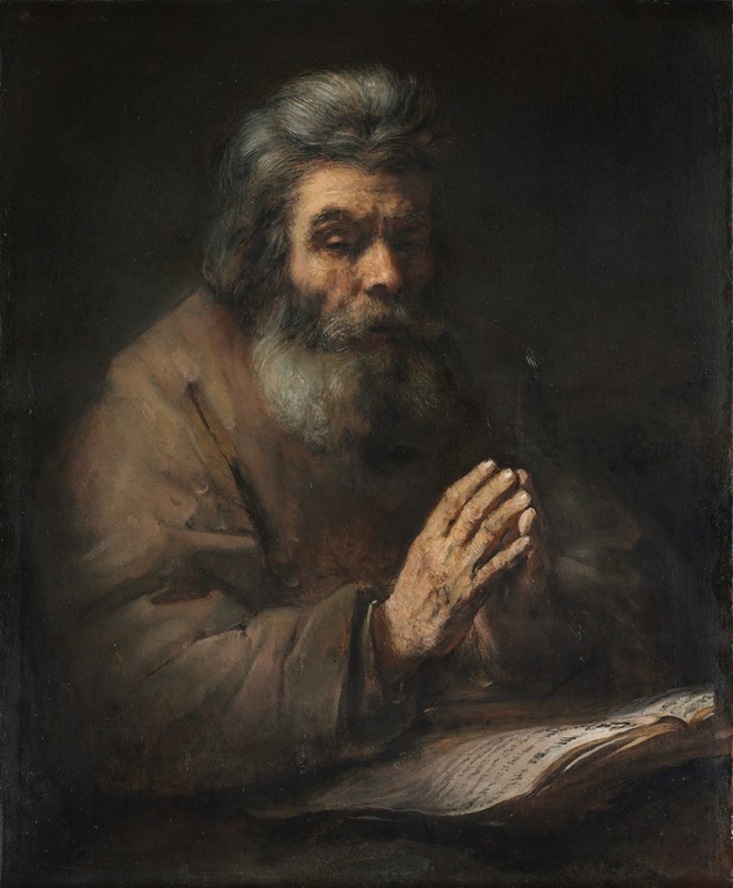 Rembrandt's painting depicts an elderly man in deep prayer, showcasing his mastery of light and shadow.