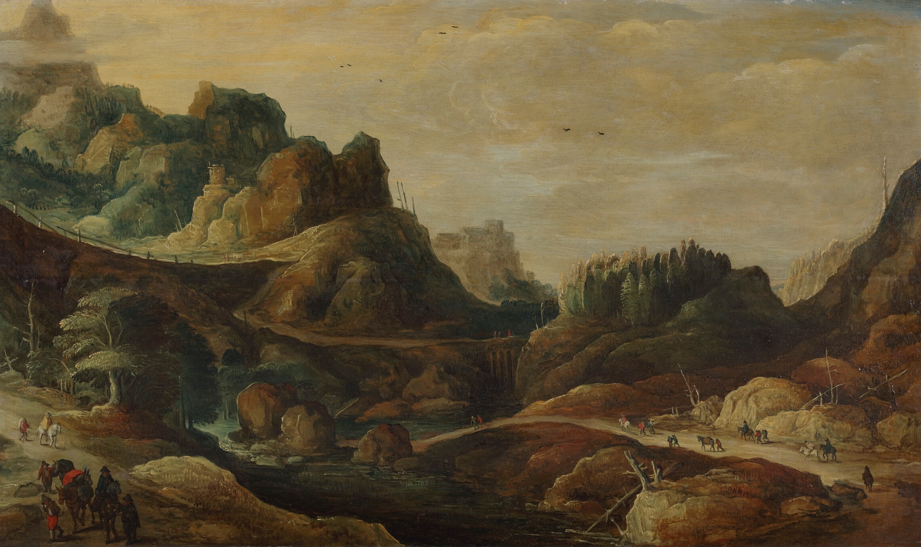 A mountainous landscape with travellers on paths along a riverbank, by Joos de Momper, public domain