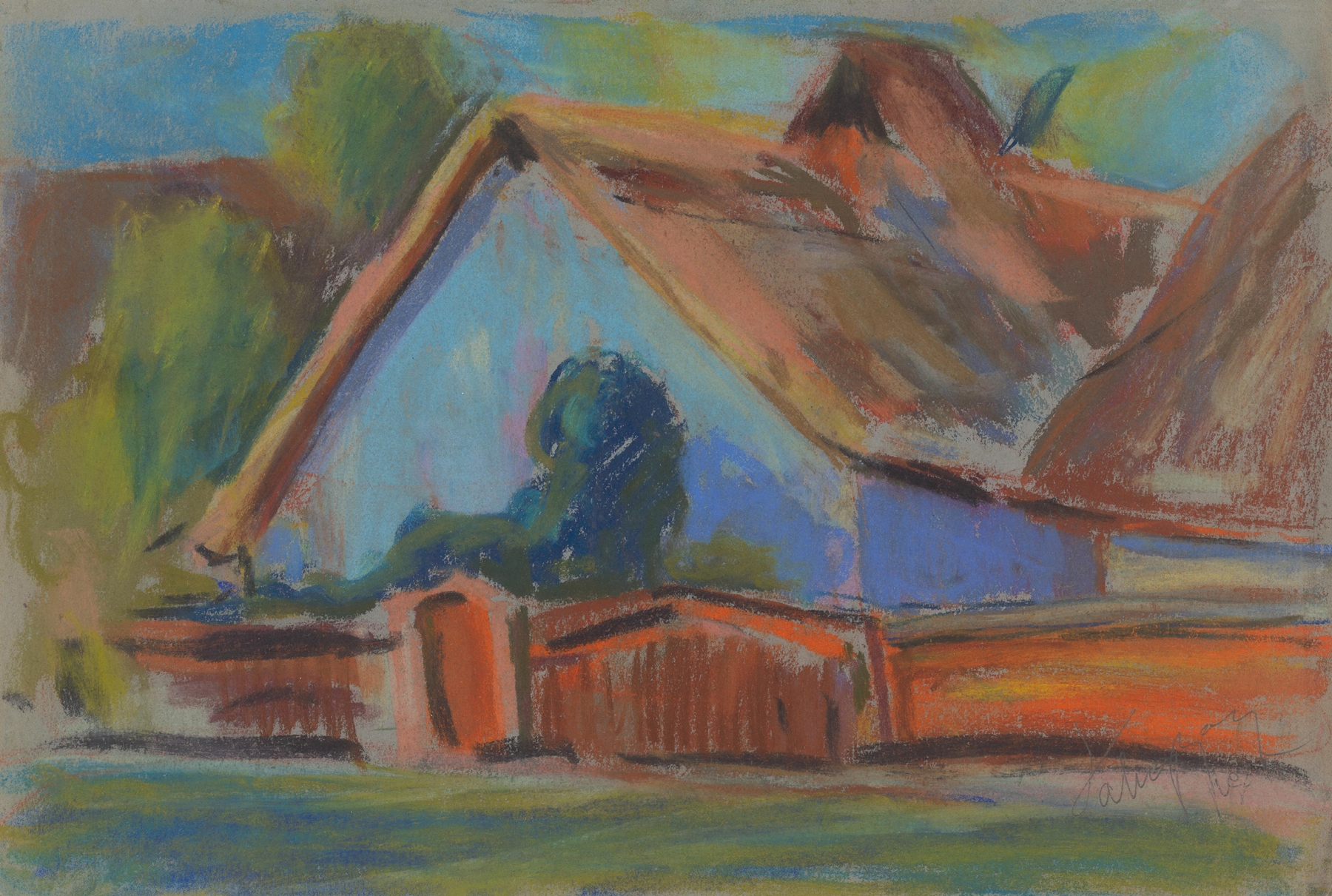 Blue Village Cottage by Zolo Palugyay, oil painting depicting a quaint cottage in a rural landscape.