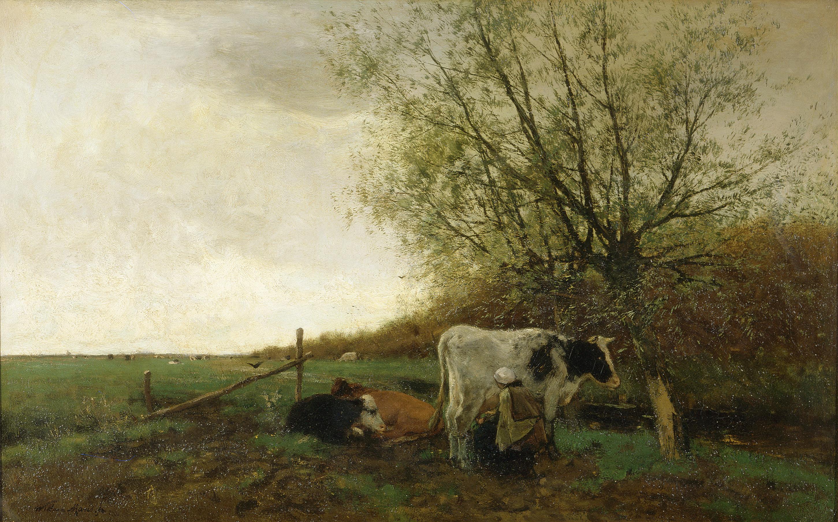 Oil painting by Willem Maris depicting a dairy cow being milked in morning light.