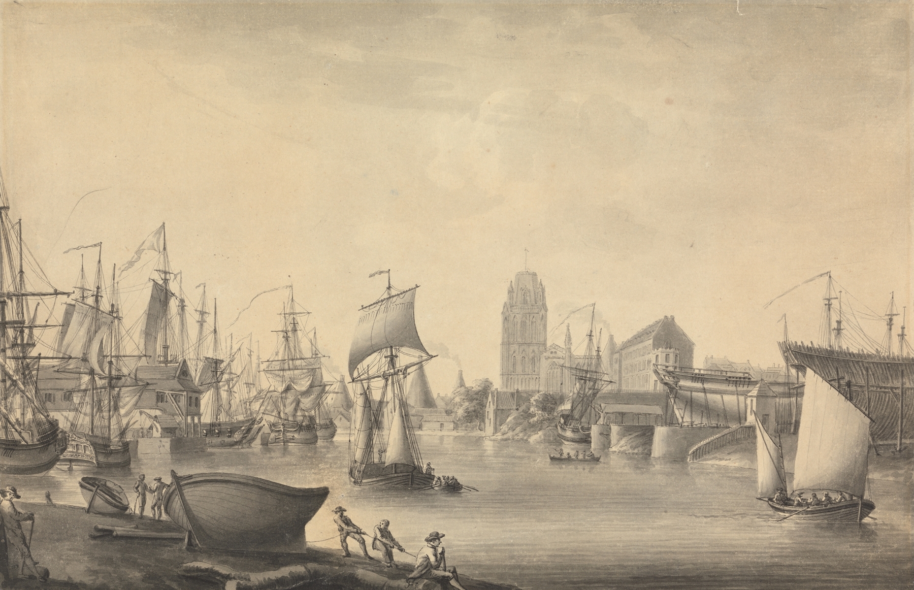 Marine scene with ships on a waterway, oil painting by Nicholas Pocock