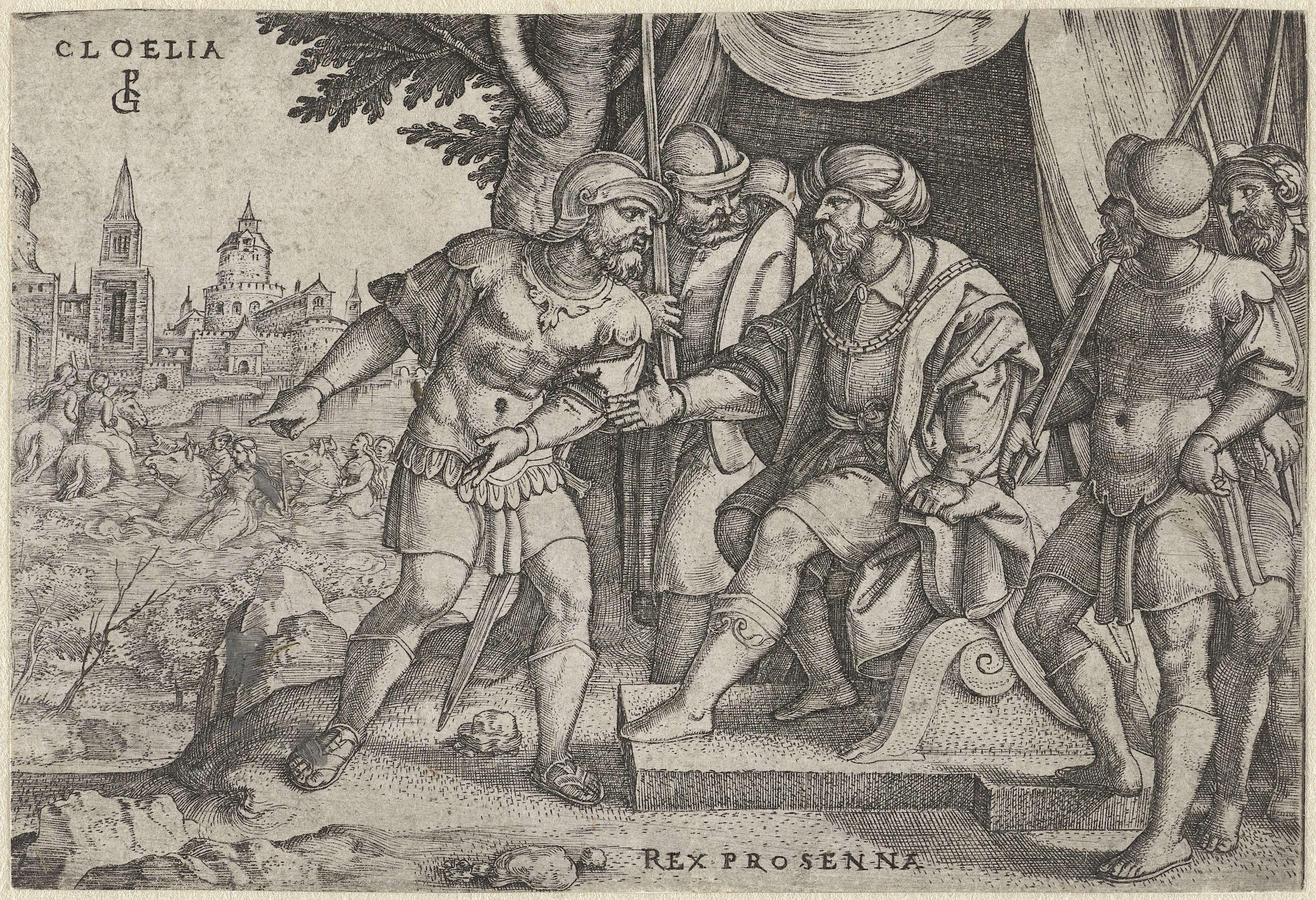 Engraving by Georg Pencz depicting Cloelia's escape with a determined gaze.