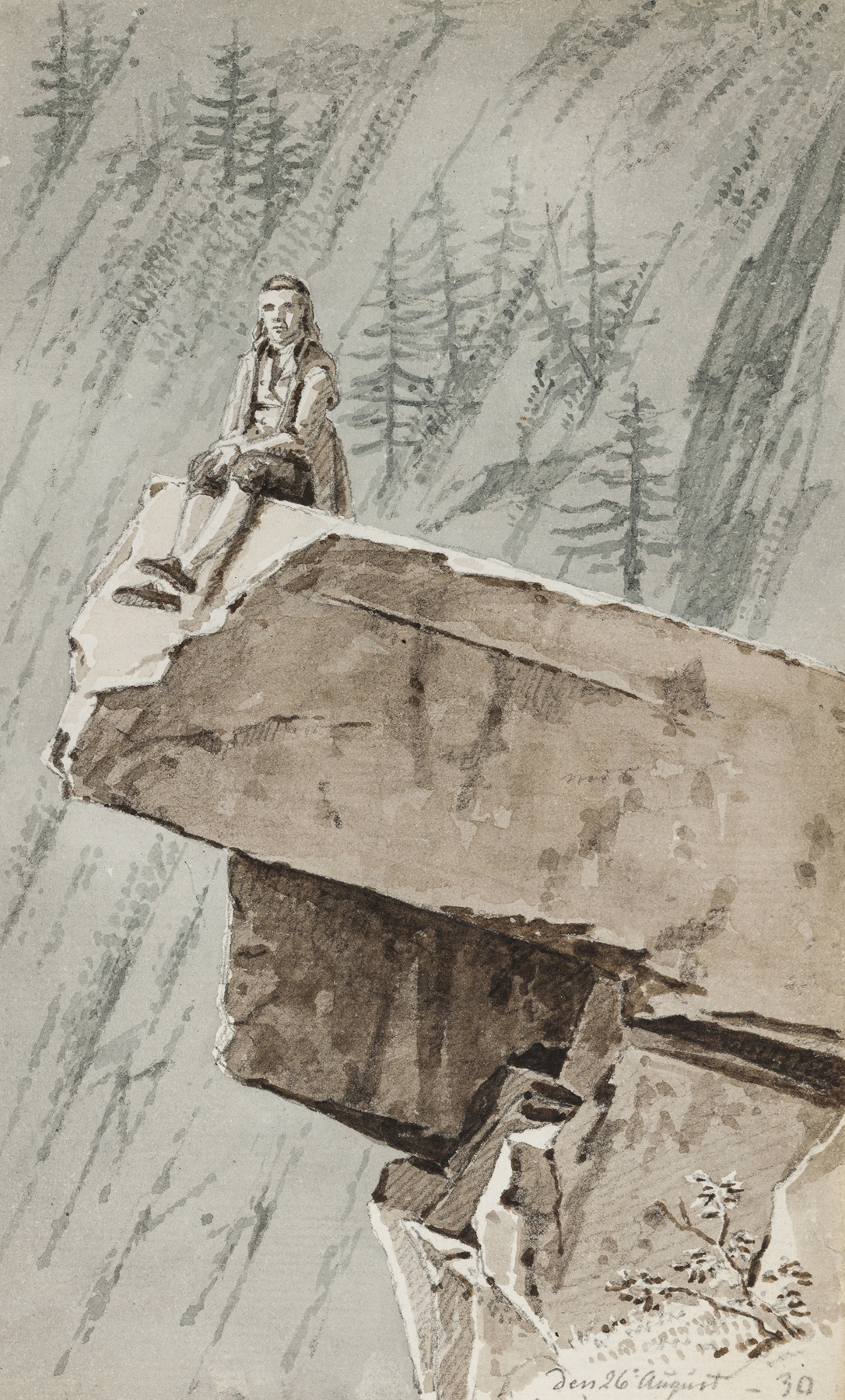 A man sits on a rocky outcrop in a mountain landscape, oil painting by Martinus Rørbye.