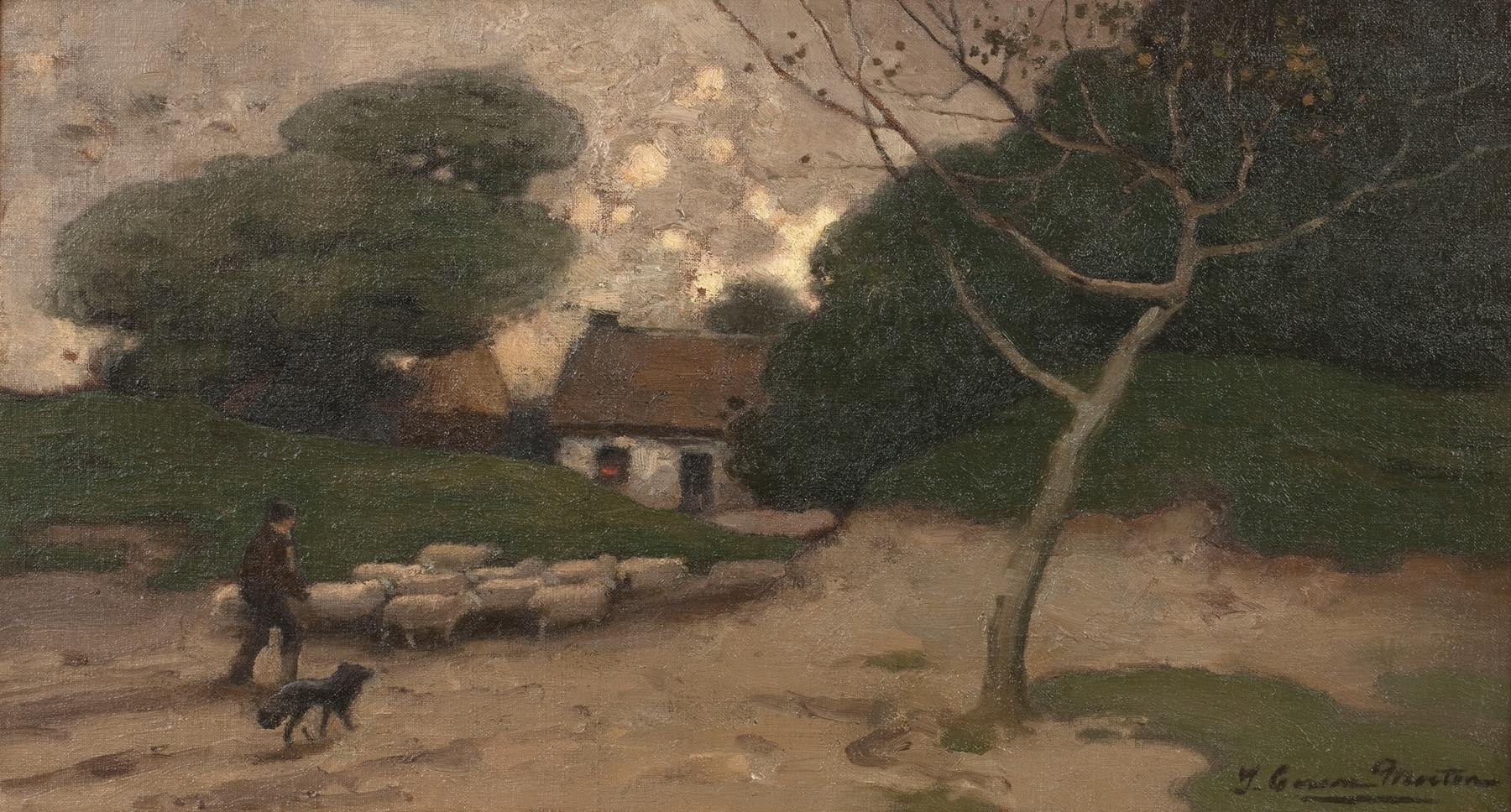 Return of the Flock, oil on canvas by Thomas Corsan Morton, depicting a flock of birds in a serene landscape.
