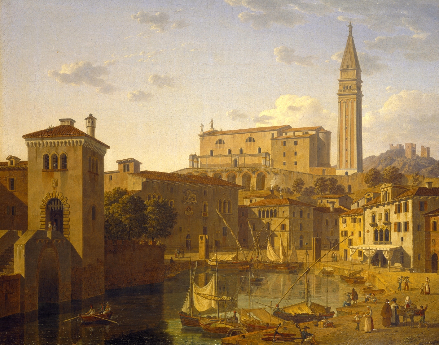 The Harbour At Pirano, Istria by Leo Von Klenze, oil on canvas showing boats at sunset.