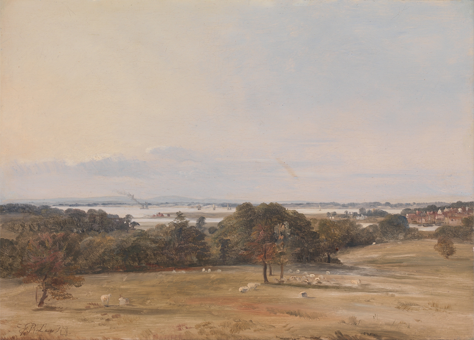 Southampton Water, near Hamble by Frederick Richard Lee, oil on canvas depicting a tranquil river at sunset.