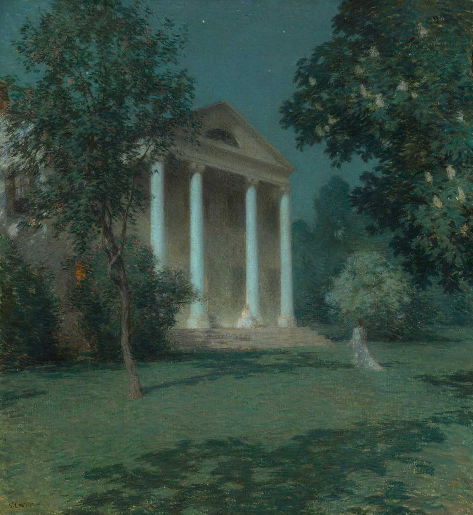 Landscape at dusk with shadows, oil painting by Willard Leroy Metcalf