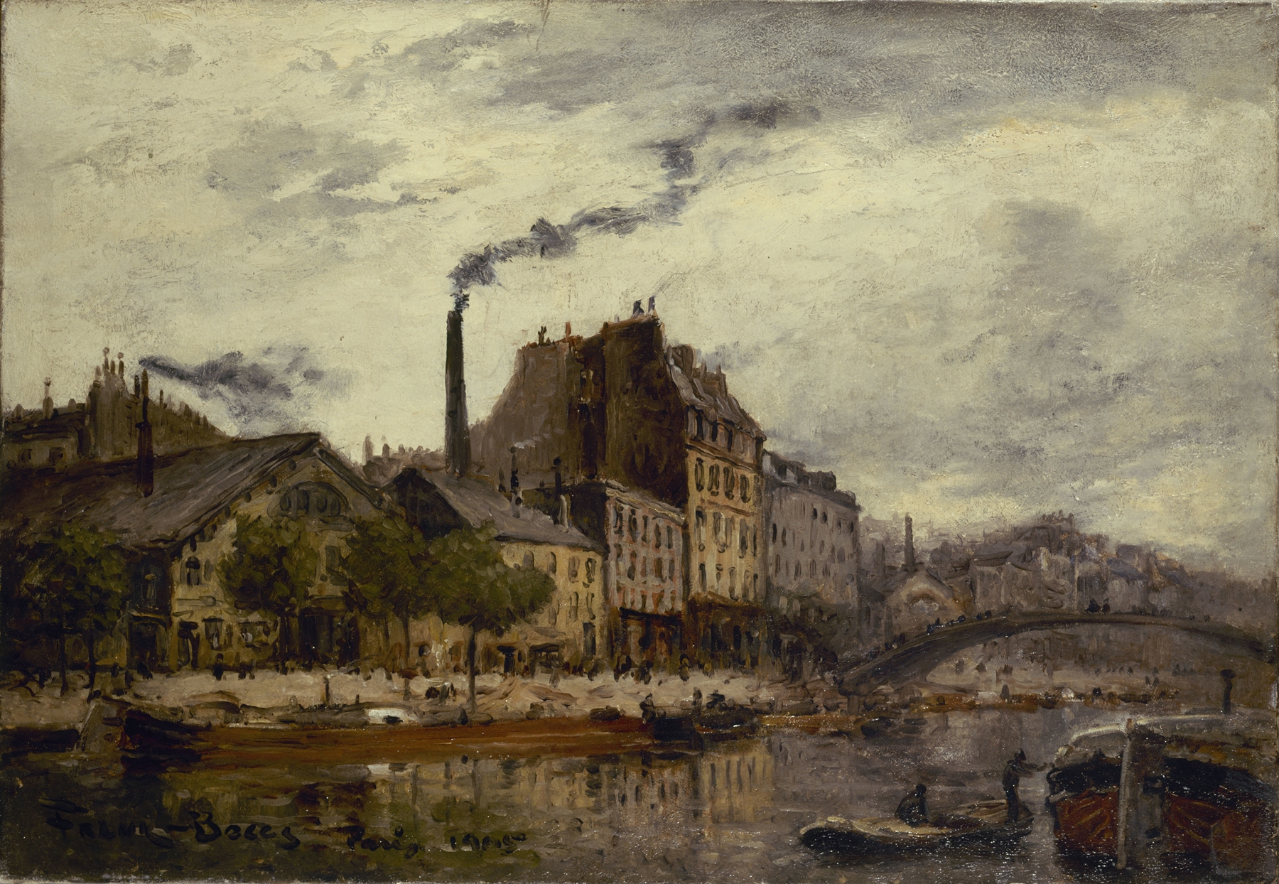 La démolition de l’ancien pont de la Tournelle, oil on canvas by Frank Myers Boggs