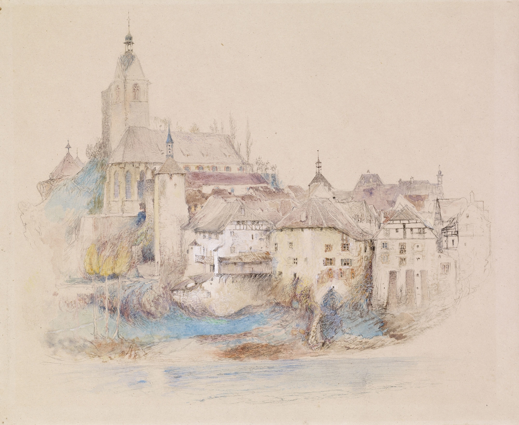 Lauffenburg on the Rhine by John Ruskin, watercolor on paper depicting a serene river landscape