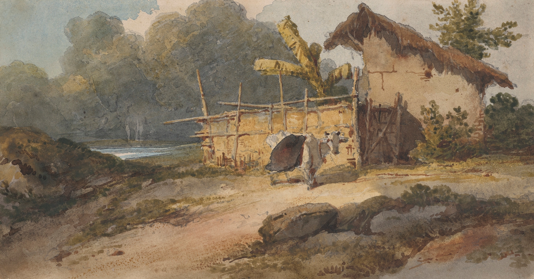 A hut by a river with a cow, oil on canvas by George Chinnery