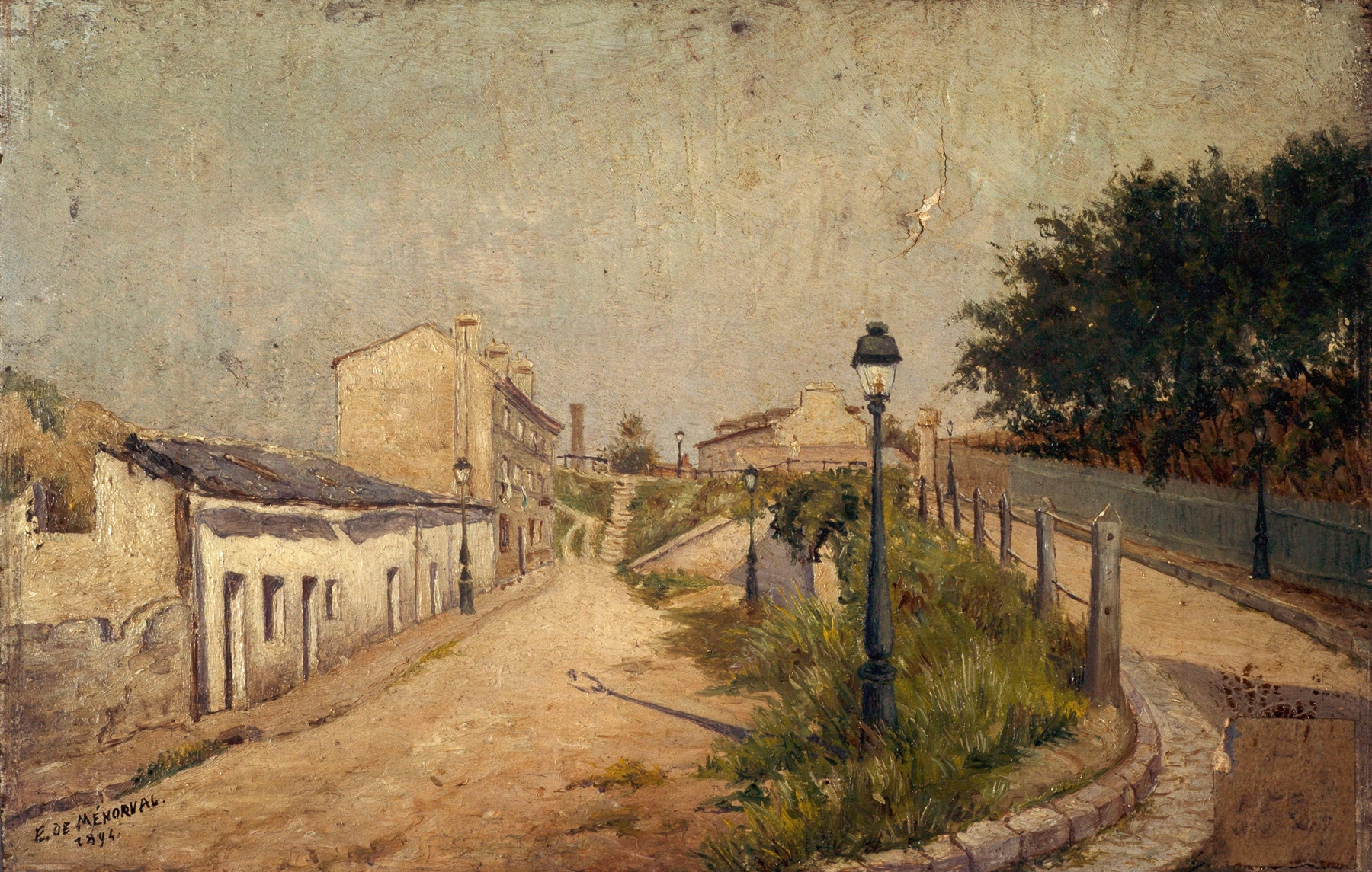 La rue du Pot-au-Lait by Eugène de Ménorval, Impressionism, landscape with pastel buildings.