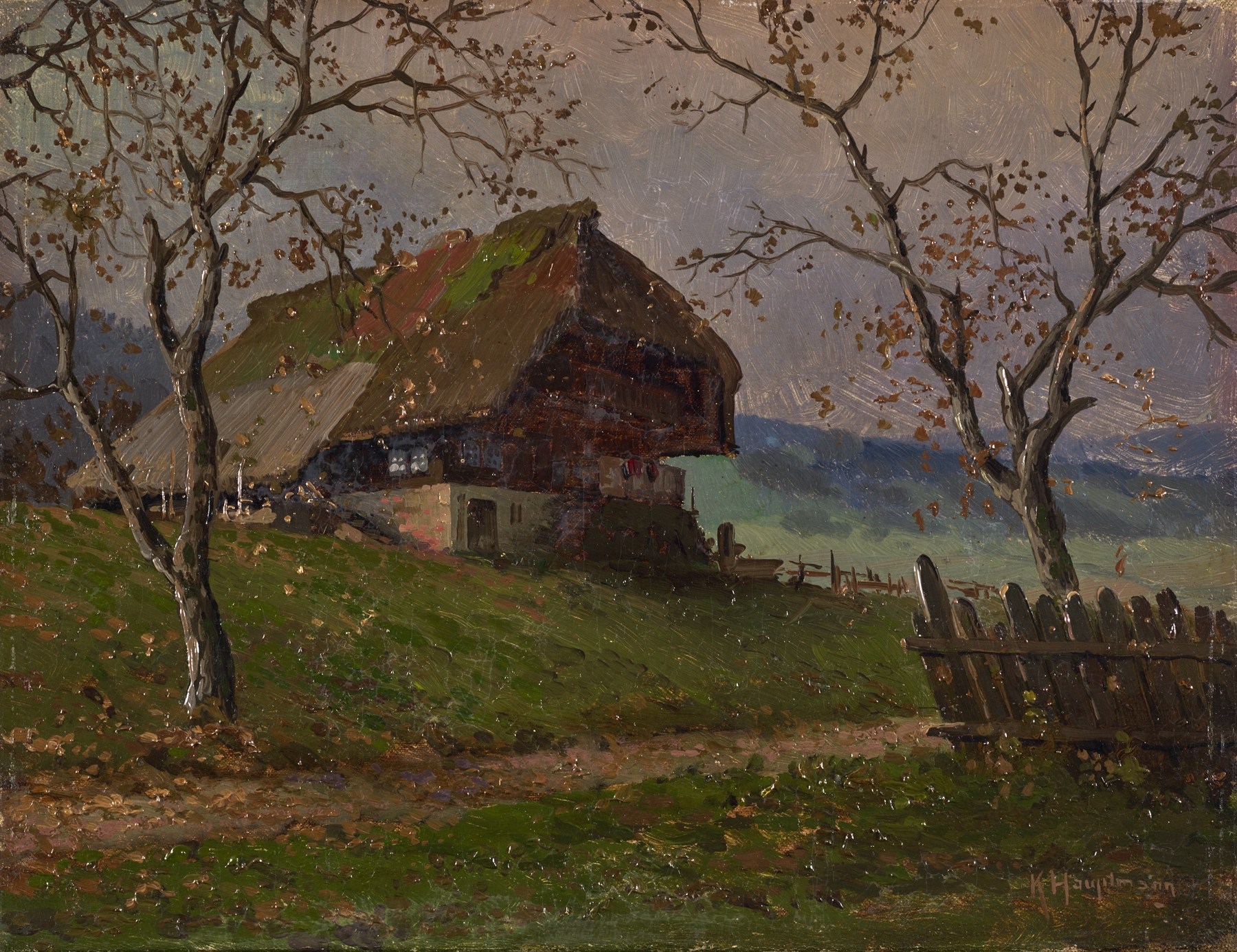 Autumn by Karl Hauptmann, oil on canvas, vibrant landscape with warm hues and falling leaves