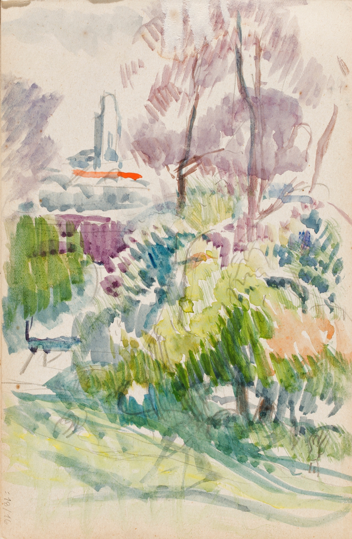 Landscape with trees and a tower, oil on canvas by Magnus Enckell