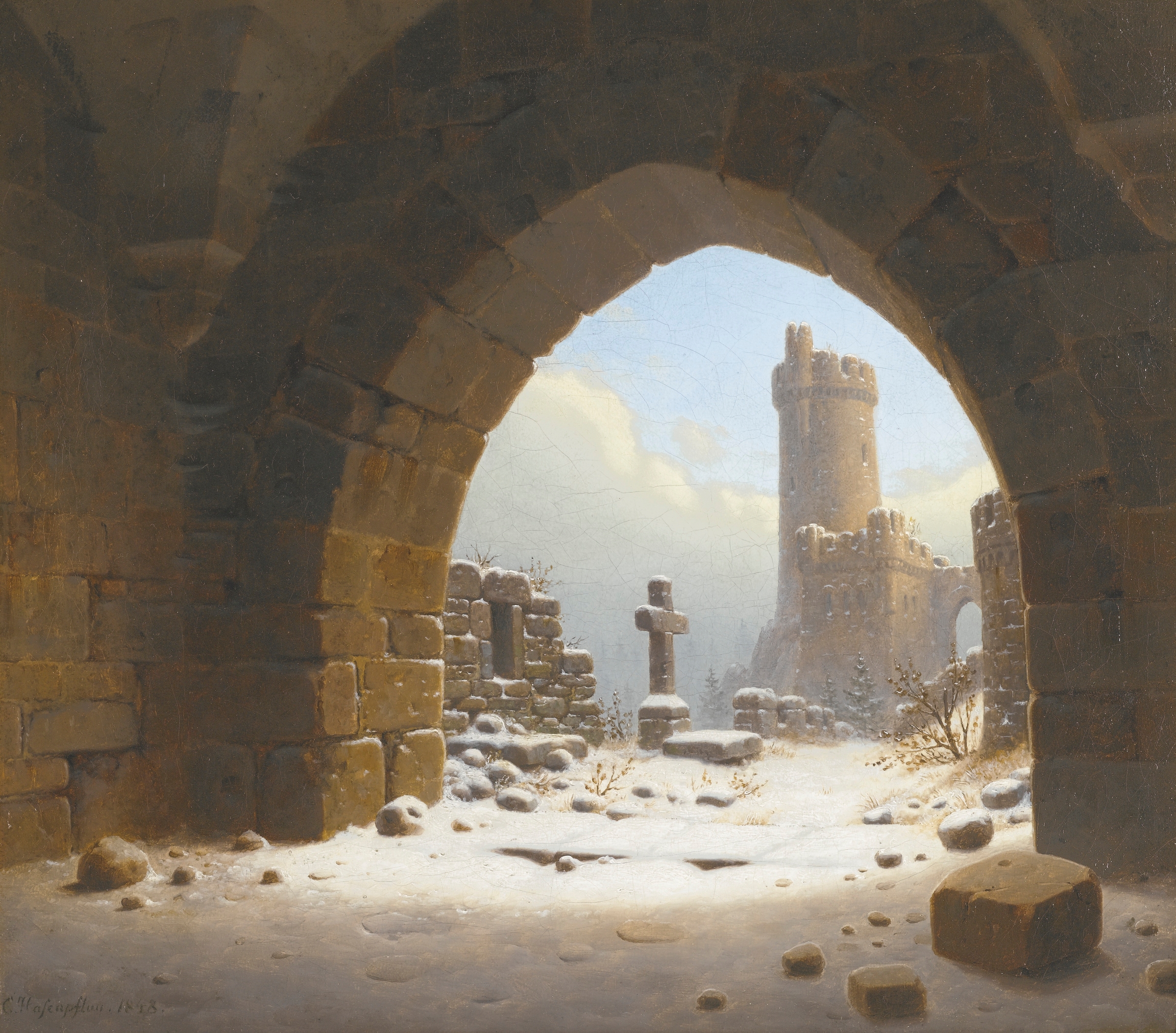 Ruins of a castle surrounded by nature, oil painting by Carl Georg Adolph Hasenpflug