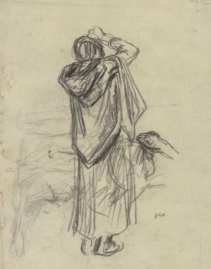 A standing woman gazes upwards, seen from the back in a realistic style.