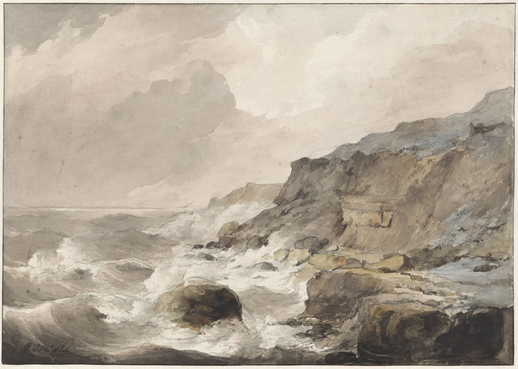 Rotskust te Boulogne sur Mer by Petrus Johannes Schotel, oil painting depicting a rugged coastline and crashing waves.