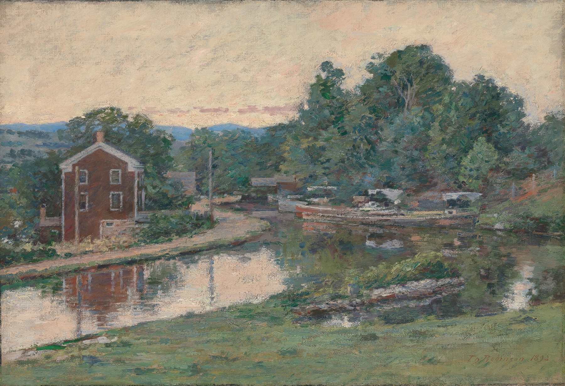 Evening at the Lock, oil painting by Theodore Robinson, depicting a tranquil river at sunset.