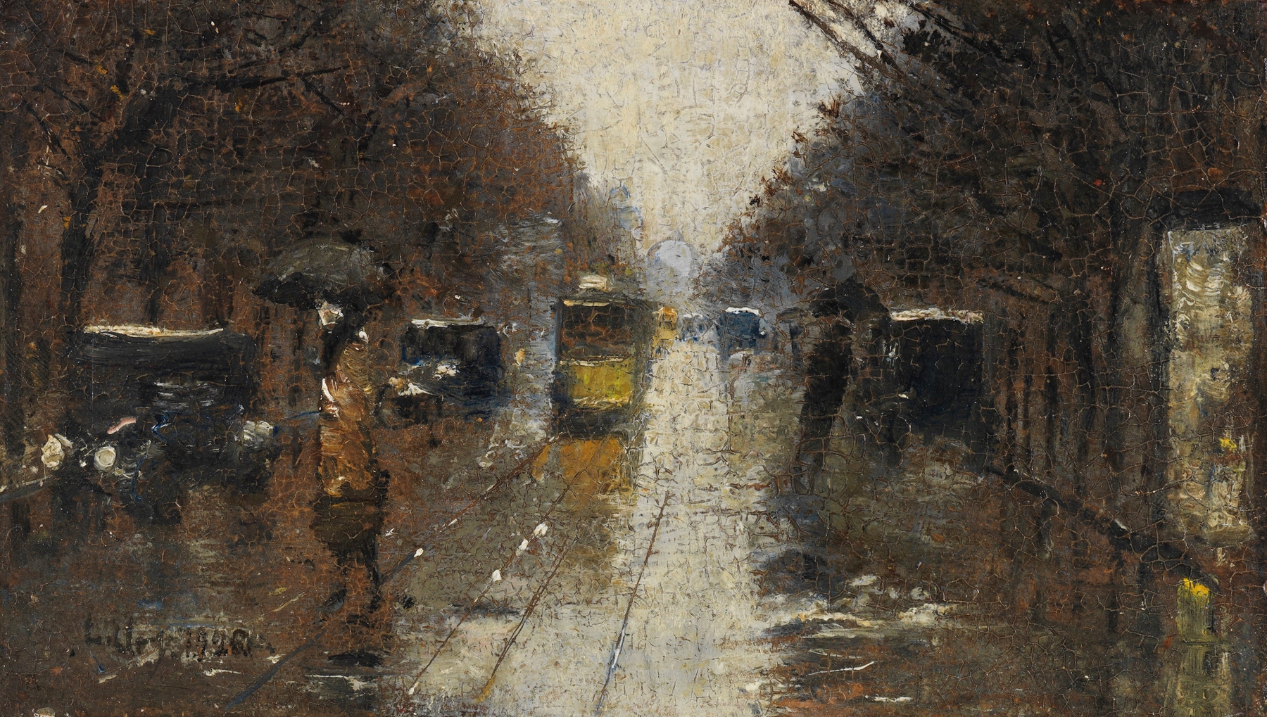 Straßenszene bei Regen, Berlin, by Lesser Ury, public domain
