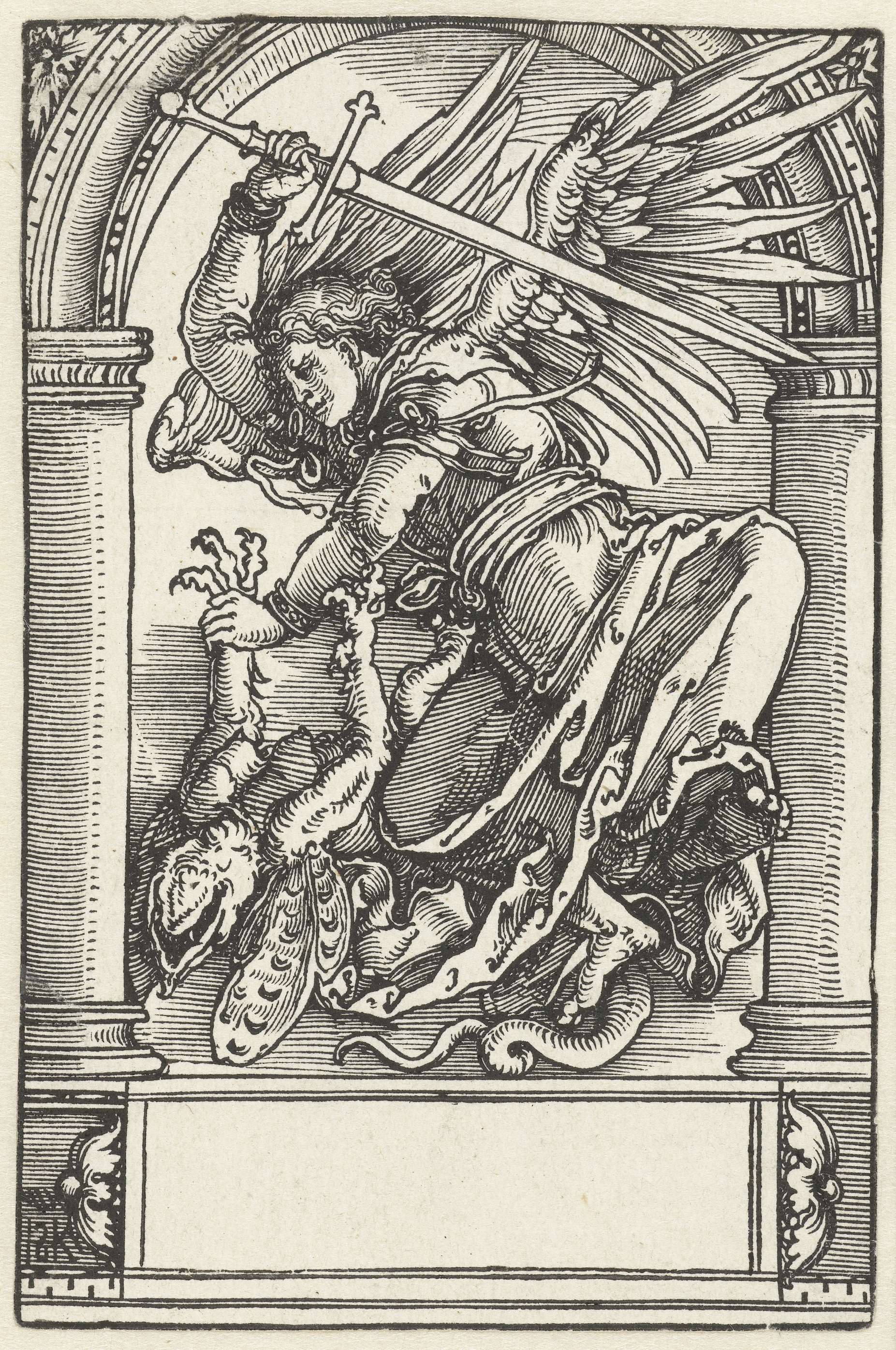 Archangel Michael defeating a devil, paper work by Hans Springinklee